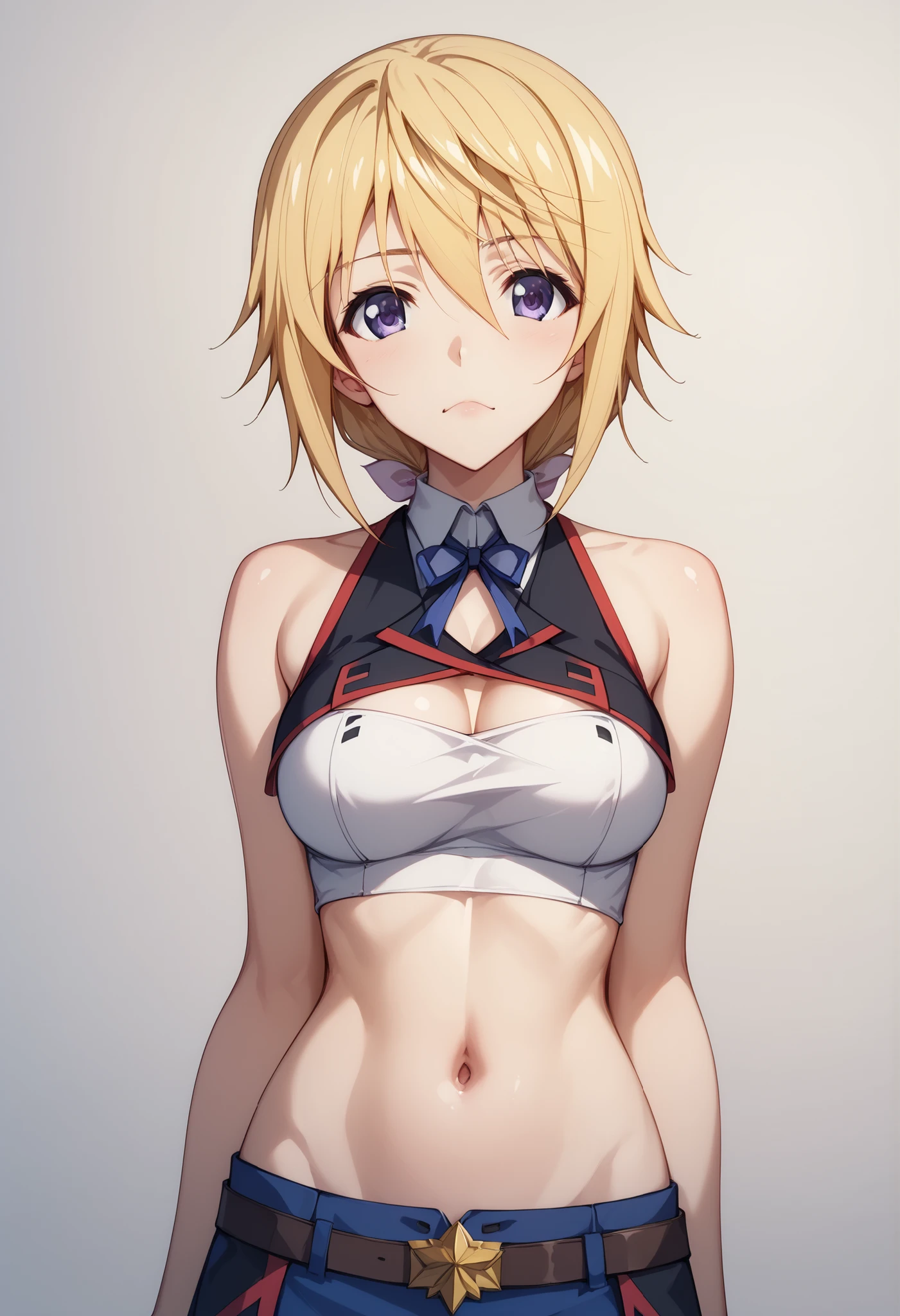 (((SFW、Highest quality、First Class Masterpiece、Normal Body 、32k、detailed face、super precise、Normal Hand、Highest)))、Charlotte DUNOIS/Charlotte Dunois 、『Is -Infinite Stratos』、Beautiful girl、Blonde、super miniskirt、separate、 Navel Exposure 、sleeveless、tube top