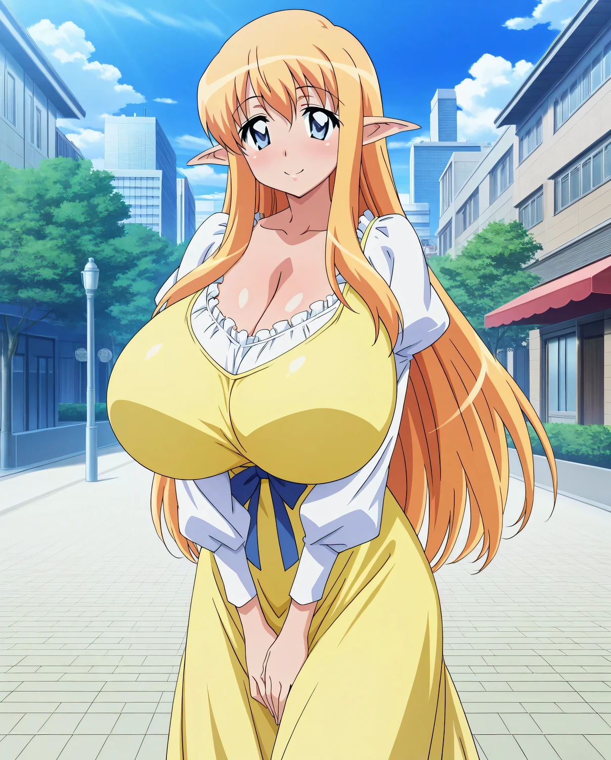 score_9, score_8_up, score_7_up, source_anime, anime coloring, anime screencap, 1 girl, solo, Tiffania Westwood (zero no tsukaima), elf, blonde hair, round hair, blue eyes, loving smile, white beautiful skin, gigantic breasts, cleavage, standing, hands on lap, looking at viewer, slim body, dynamic pose, long sleeves, puffy sleeves, scoop neck white blouse, frills, blue waist ribbon, yellow white dress, long dress, outdoors, day, Tokyo city