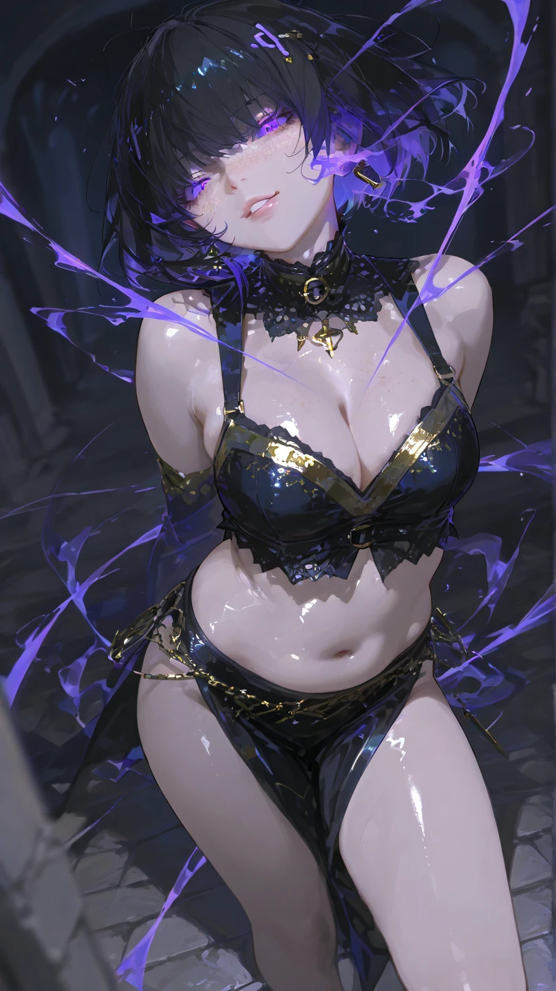 (score_10, score_9_up, score_8_up, score_7_up,)helmet, electricity, ponytail,(riverside,,dark_theme,dark_room),indoors,1girl,solo, milfsuccubus, arm over head, armpits,micro bikini,lace-trimmed thighhighs,elbow gloves,maid headdress,o-ring top,naughty face,light smile,steam,sweat,oiled skin,wet skin,shiny skin,milf, mature female,motherly,huge breasts,large areolae,masterpiece,extremely detailed,nsanely detailed,highres,blue eyes,Female,Renegade_Lynx, Tail, female focus, breasts.simple background, detailed, looking at viewer, centered,