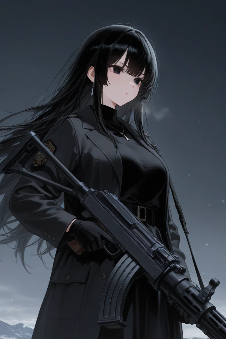 1girl, dark hair, heterochromia, kemono friends, ruined city, assault rifle, animal ears, wolf tail, blue eye, yellow eye, ((soldier uniform)), black clothes, military uniform, ((armor vest)), special forces