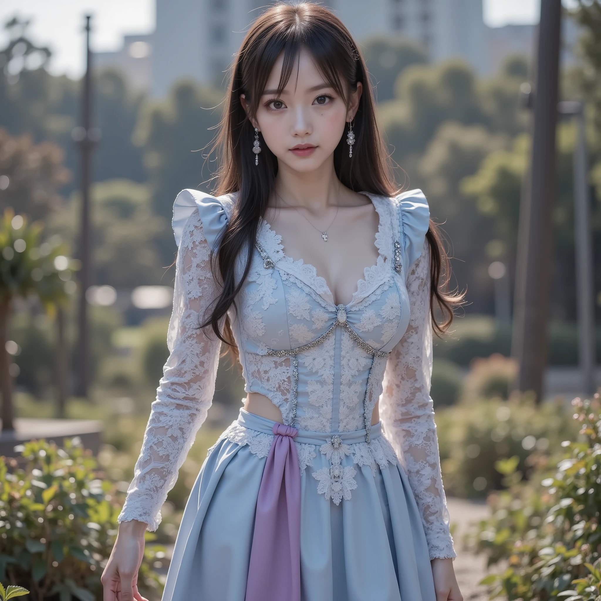 (highest resolution), (super clear focus photorealistic:1.5), ((RAW photo of a top Japanese idol trying to pull out a sword stuck in the ground:1.15)), (with the image of a light blue and light purple lace dress is in a very beautiful standing pose:1.8), BREAK, ((lace dress)), (薄青と薄紫のlace dressのイメージのfemale knight,:1.8), Skirt above the knee, Her hair is ponytail hair, BREAK, (Pull out a sword stuck in the earth:1.5), they have a serious, serious expression, they look like members of Nogizaka46, (very slim and toned model body:1.3), 2 people have tight outfits with F-cup breasts,