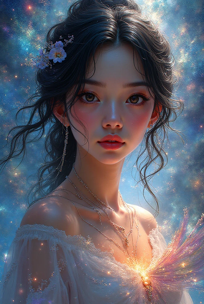 32k, Masterpiece, Highest quality, One girl, Detailed eyes, flower,Alstroemeria, White and orange style,A dreamy, romantic piece,Pale purple, Mysterious Leaves,A playful arrangement,Fantasy,High Contrast,Ink strokes,explosion,Exposure, Impression of white and orange tones,Abstract,((Watercolours by John Berkey and Jeremy Mann )) Brush strokes,Negative Space, Tyndall effect,