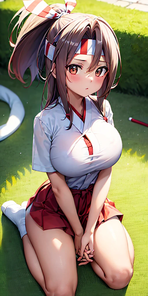 (masterpiece、top-quality、hight resolution), Create an image of a woman with a pure and innocent appearance, dressed in modest and elegant clothing. She should have an air of sophistication and refinement, with a gentle smile and a calm demeanor. The background can be a tasteful and upscale environment, such as a garden or a well-decorated room, emphasizing her outwardly pure and reputable persona. The image should subtly suggest a hidden, more promiscuous side without being explicit. ((red ribbon, hair band, cardigan, Glamorous body, big tits))