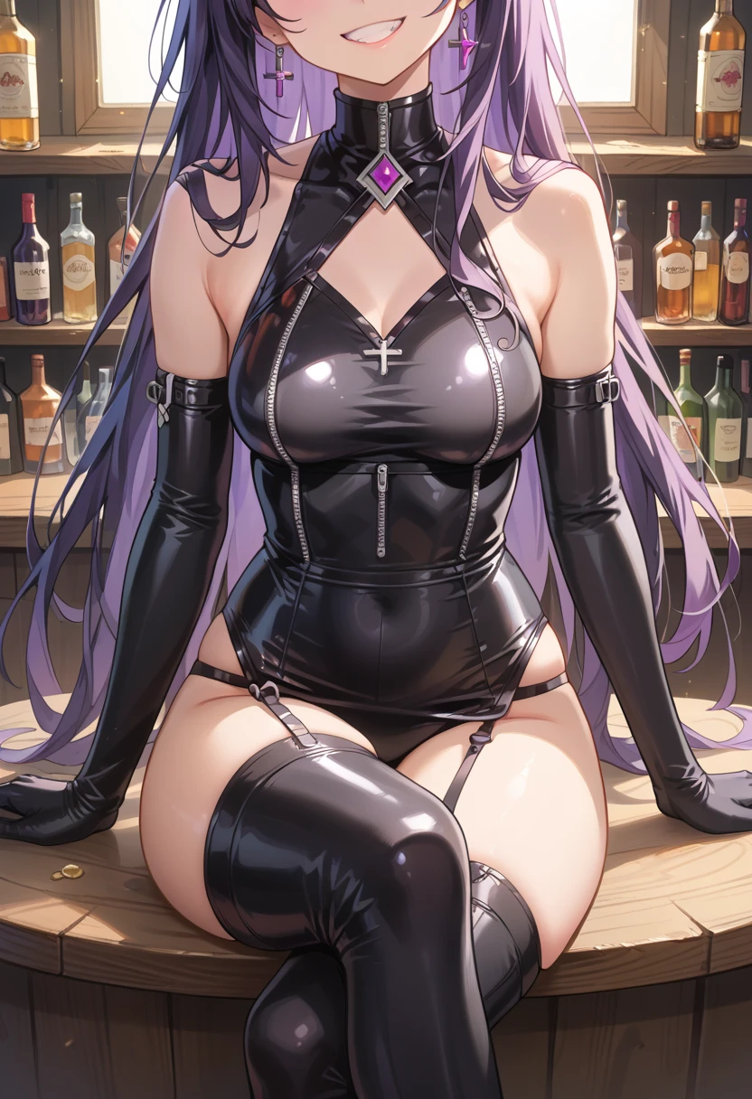 (Best quality), (masterpiece), high quality shadow, beautiful details, beautiful face, detailed skin, depth of field, high resolution, best shadow, best light, woman, see the audience, (shiny purple hair:1.1), smooth, blunt, long hair, (ruby pink eyes:1.2), (shy), very big jewellery, pump, (single strap shirt:1.2), (black leather jacket:1.1), (open jacket:1.1), (black leather skirt:1.1), (round breasts), (bubble butt), (wide hips:1.1), (slim waist:1.1), (thick thighs:1.1), (detailed face and eyes:1.2), (prefect nails and makeup:1.1), table, glass, liquor bottle, (night time), rift, pub bar background, (detailed background), sexy woman, cold, cool woman, (ear jewelry:1.1), sitting, (detailed hand and finger:1.2), (medium breasts:1.2), (busty), (deep cleavage:1.2), (labia outline:1.3), (hard teat:1.3).