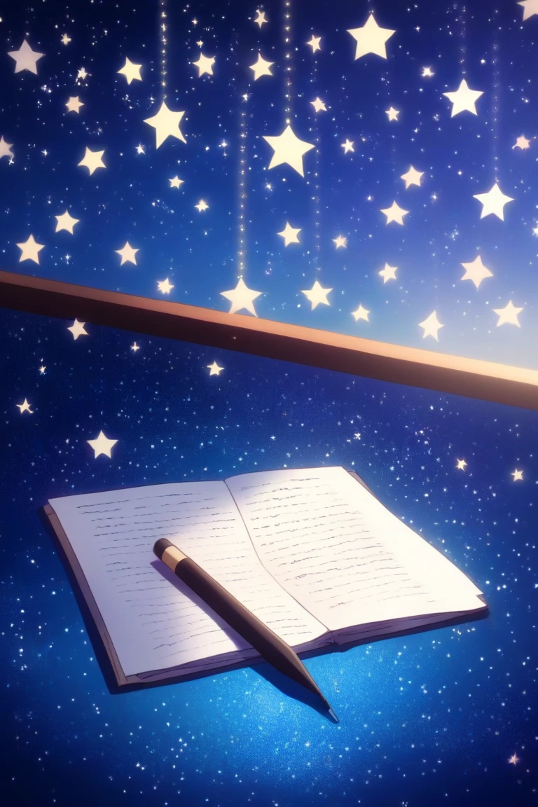 Un livre avec une page de face pour écrire dessus avec un fond de ciel étoilé
