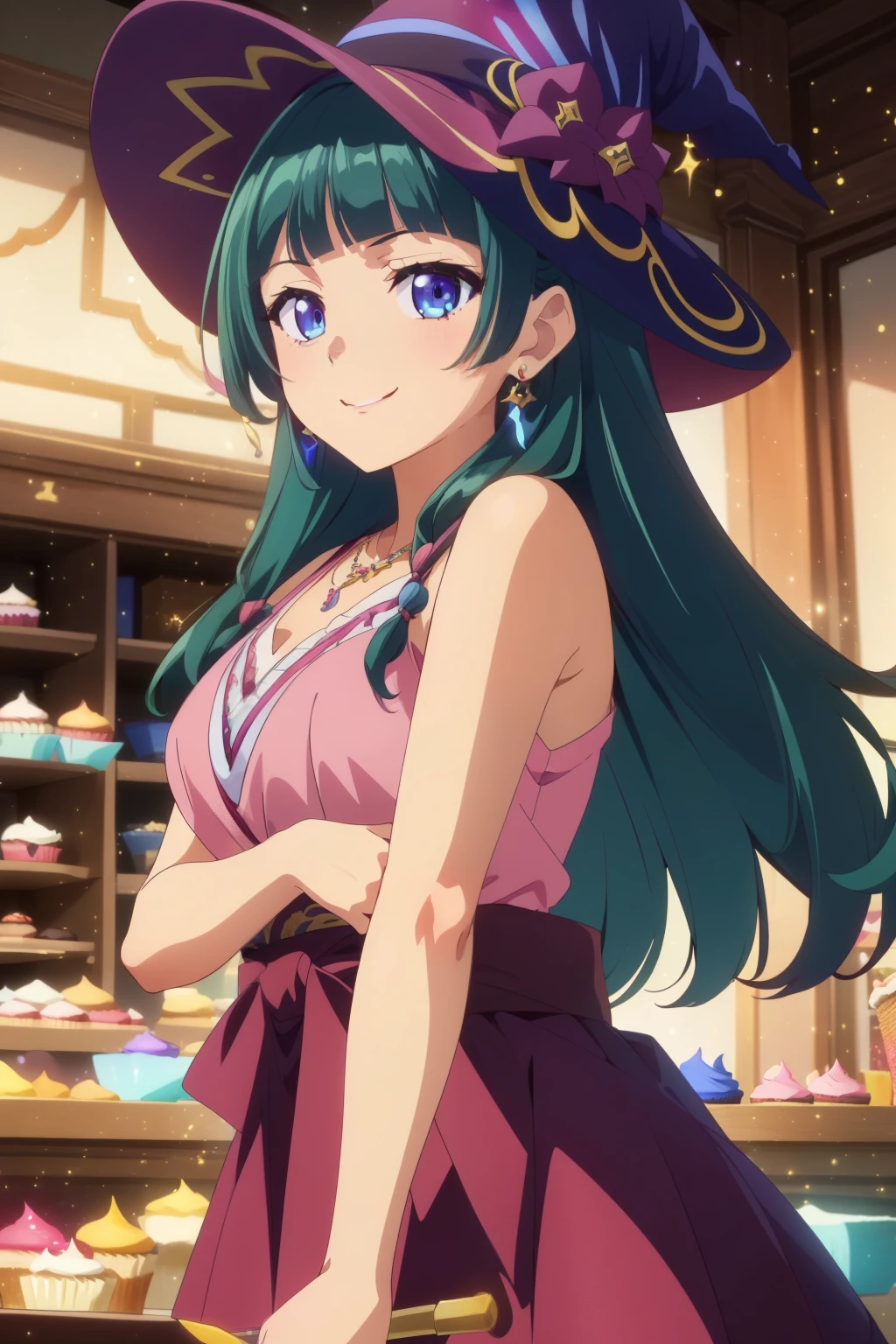 (Top quality, 8k, high resolution, masterpiece: 1.2), (anime coloring:1.3), super detailed, anime art style, dynamic angle, (green hair, blue eyes:1.3), detailed green hair, detailed blue eyes, slim body, perfect eyes, youthful, earrings, slightly dull bangs, detailed lighting, bright colors, beautiful body, beautiful skin, beautiful breasts, beautiful legs, beautiful hands, perfect hands, beautiful finger, beautiful face, beautiful eyes, symmetrical eyes, looking at the viewer, in the center of the image, ((close up of a girl)), smile, happy, sweet, upper body, portrait, ((magic runes, glowing runes, colorful runes)), ((magic runes on arms)), ((holding wand, raise your wand)), ((colorful splash effect, swirling colorful particles)), colorful eyes, ((falling cupcakes)), ((bakery interior, sweets)), glowing eyes, ((dark purple witch hat, hat chocolate accessories)), messy hair, ((colorful hair, stark hair, glowing hair)), very long hair, ((dark purple robe with pink trim, sleeveless pink blouse, purple skirt, mismatched brown and light blue leggings, candy pendant)), ((clothes with colorful accents)), ((skirt with colorful trimmings)), sash, ((light particles, colorful particles)), dynamic illustration, dramatic lighting,