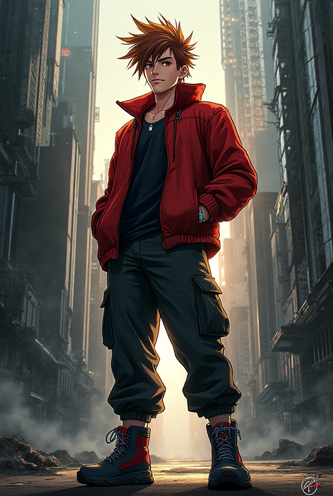 plano general, whole body, ((1 handsome young man, elegant, sensual:1.6)), (high resolution:1.2),ultra detailed, realist, sharp focus,showy,4k,8k, HD. Masterpiece, hiper realist, hyper detailed,With red hat, red camouflage, red sweatshirt, blue leggings, broad, by rubio, modern haircut:1.4, face mask, nasolabial , standing, half, (reality: 1.5), cyberpunk, Neon city, Neon, 3D, cgi, volumetric ray, white sclera, blue eyes,