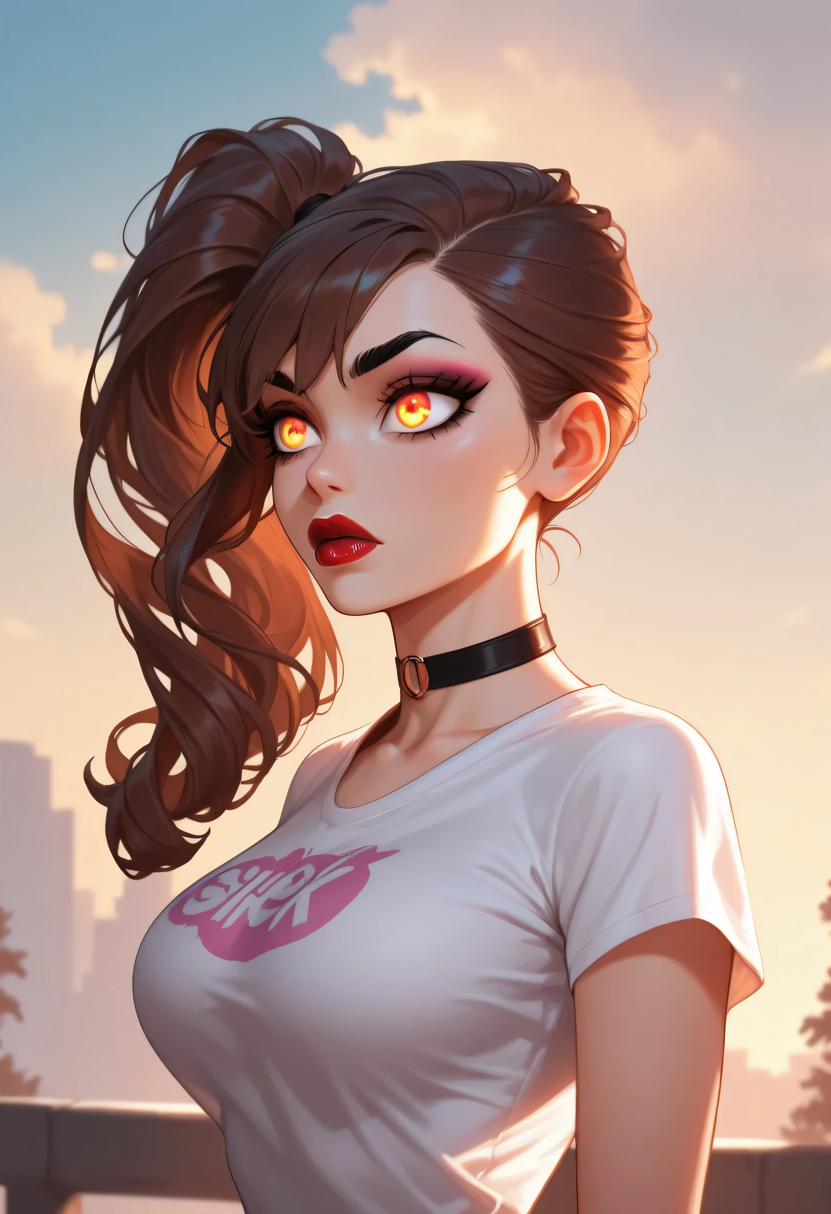 outdoors, 1girl, long hair, slick back side ponytail, brown hair, black eyebrows, thin eyebrows, pink eyeshadows, black eyeliners, big eyes, glowing golden eyes, thick lipstick, perfect face, beautiful girl, t-shirt, black t-shirt, medium breasts, black choker