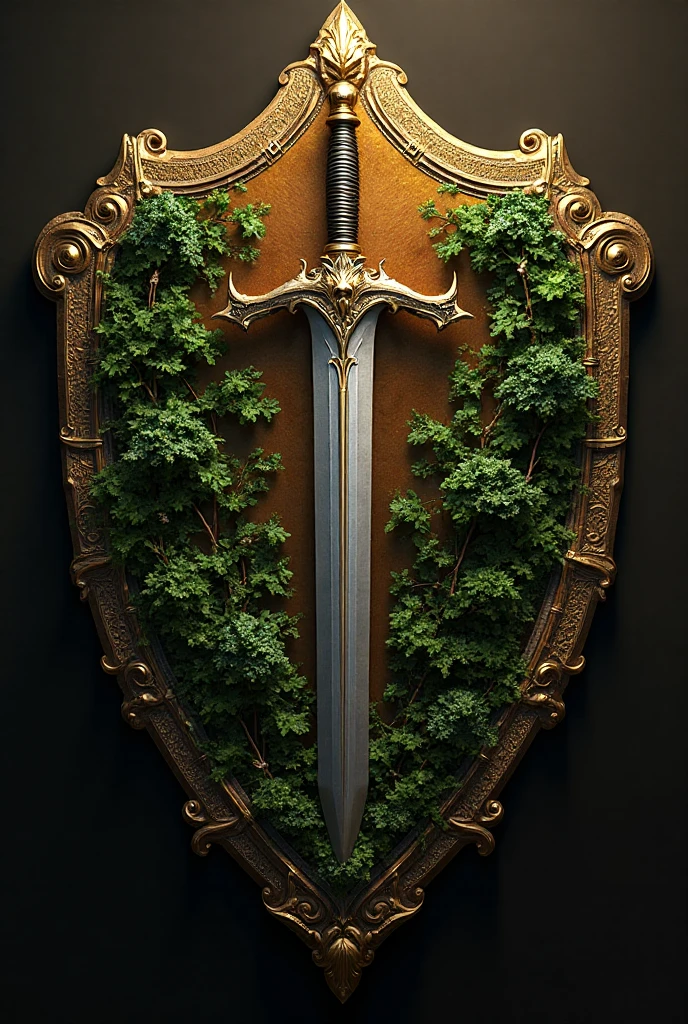 Create for me a 3D coat of arms with gold details with sword and vegetation 