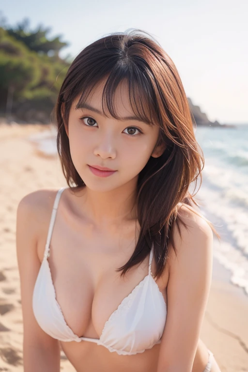 (RAW Photos: 1.2), (Realistic: 1.4), (highest quality: 1.4), Ultra-high resolution, (Fine Eyes),Nude Photos,Full body photo、Gravure photo,1. High school girl,(Large Breasts),You can see the chest、Black Hair,((White blouse、pastel cardigan)),Bright Eyes,Blushing,smile,Highly detailed face and skin texture, Healthy Skin,(Beach),8K resolution