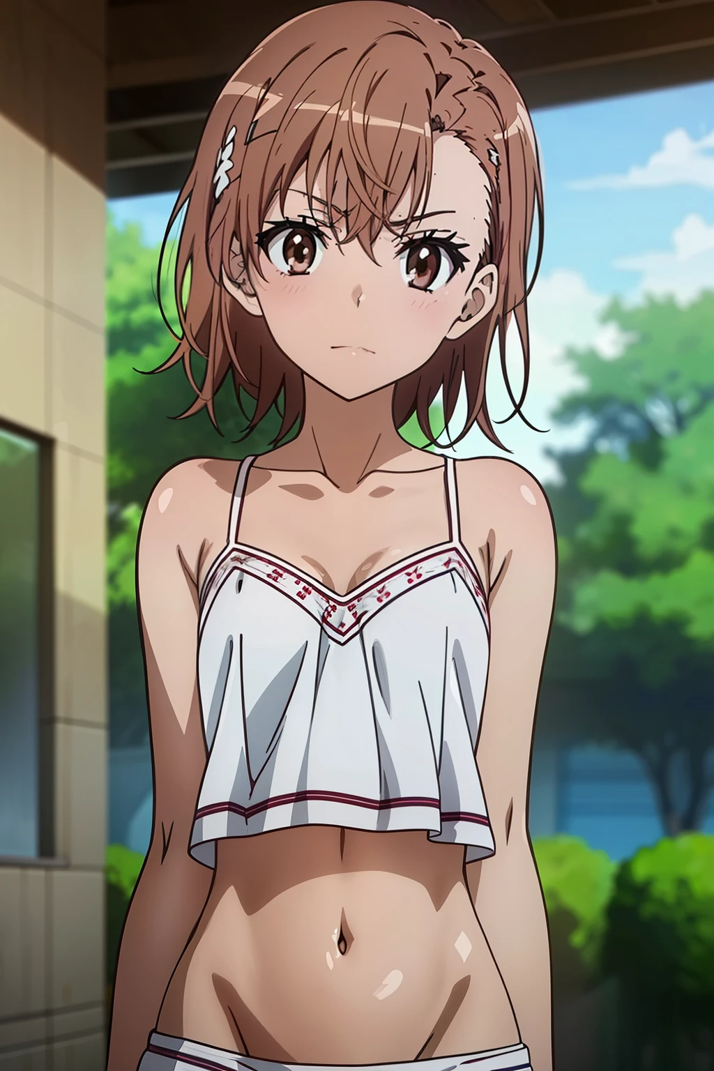 (masterpiece, best quality, high resolution, 8k:1.2), (anime coloring, official art:1.3), (((short stature))), perfect character design, highly detailed CG Unity 8K wallpaper, perfect face, perfect eye, perfect hair style, perfect body, beautiful body, beautiful skin, beautiful , beautiful legs, beautiful hands, perfect hands, beautiful finger, beautiful face, beautiful eyes, symmetrical eyes, slim body, (1 girl), (misaka mikoto, brown eyes), (small ), (brown hair, short hair, bangs, eyebrows visible through hair, hairpin), (nffsw, Camisole, collarbone, navel, park), looking at the viewer, in the center of the image, (upper body), dutch angle,