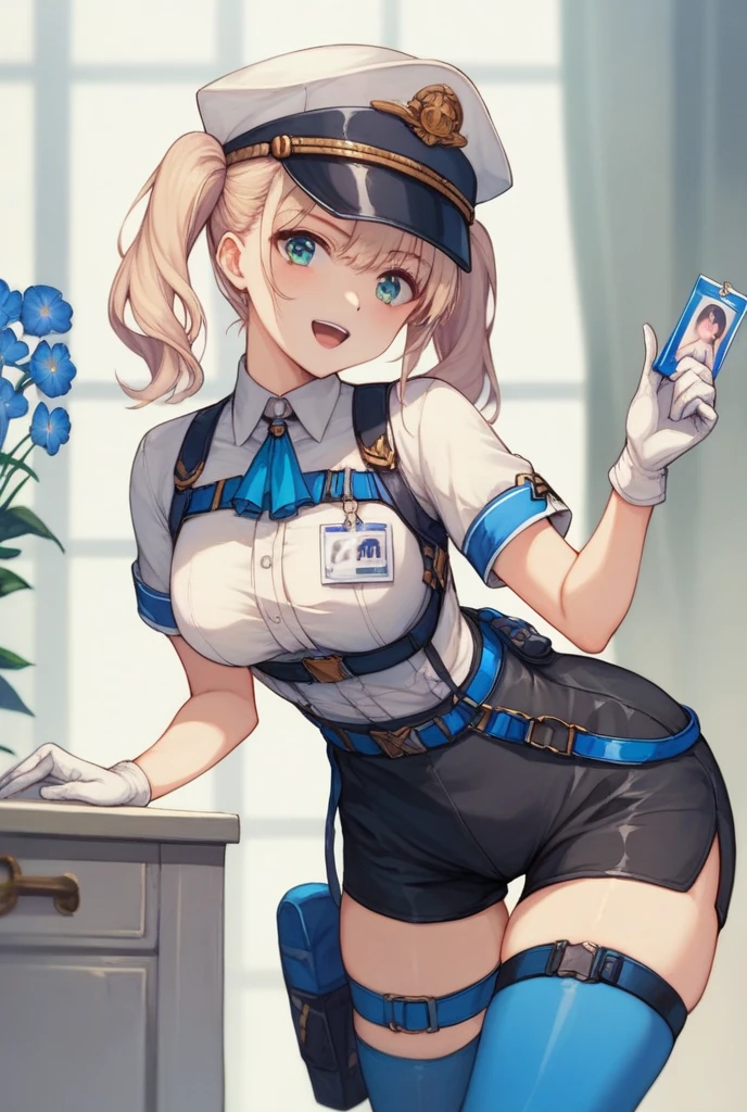 zPDXL, score_9, score_8_up, score_7_up, source_anime,
1girl, solo, <lora:Popoka_v2:1> ppka, Zelda, blonde hair, half-closed eyes, smile, crossed_ankles, flight attendant wearing Classic royal blue uniform with a peter pan collar blouse, midi skirt, fishnet stockings, blue pumps, flight attendant hat, rolling suitcase,
