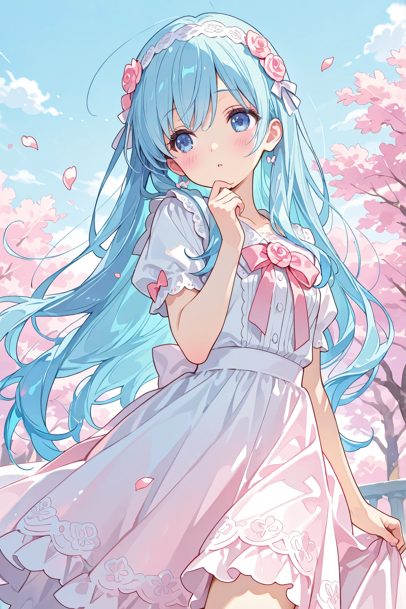masterpiece, Highest Quality, super detailed, with a soft, curious expression , with flowing blue hair and big , Shining Blue Eyes . An anime-style scene depicting a girl with long hair , Her expression is soft and inquisitive,、 Looking Back Over My Shoulder . Her dress is a cute combination of pink and white, Decorated with ribbons, and her hair is adorned with a lace headband and pink roses. the sky is filled with soft pastel colors, and cherry blossom petals dance through the air , Adding a magical vibe to the scene. Butterflies also dance around her , adds a sense of movement. The colors are vivid, There are sharks fluttering around、The soft pink and blue create a dreamy and enchanting atmosphere, perfect for a fairytale-like adventure .
