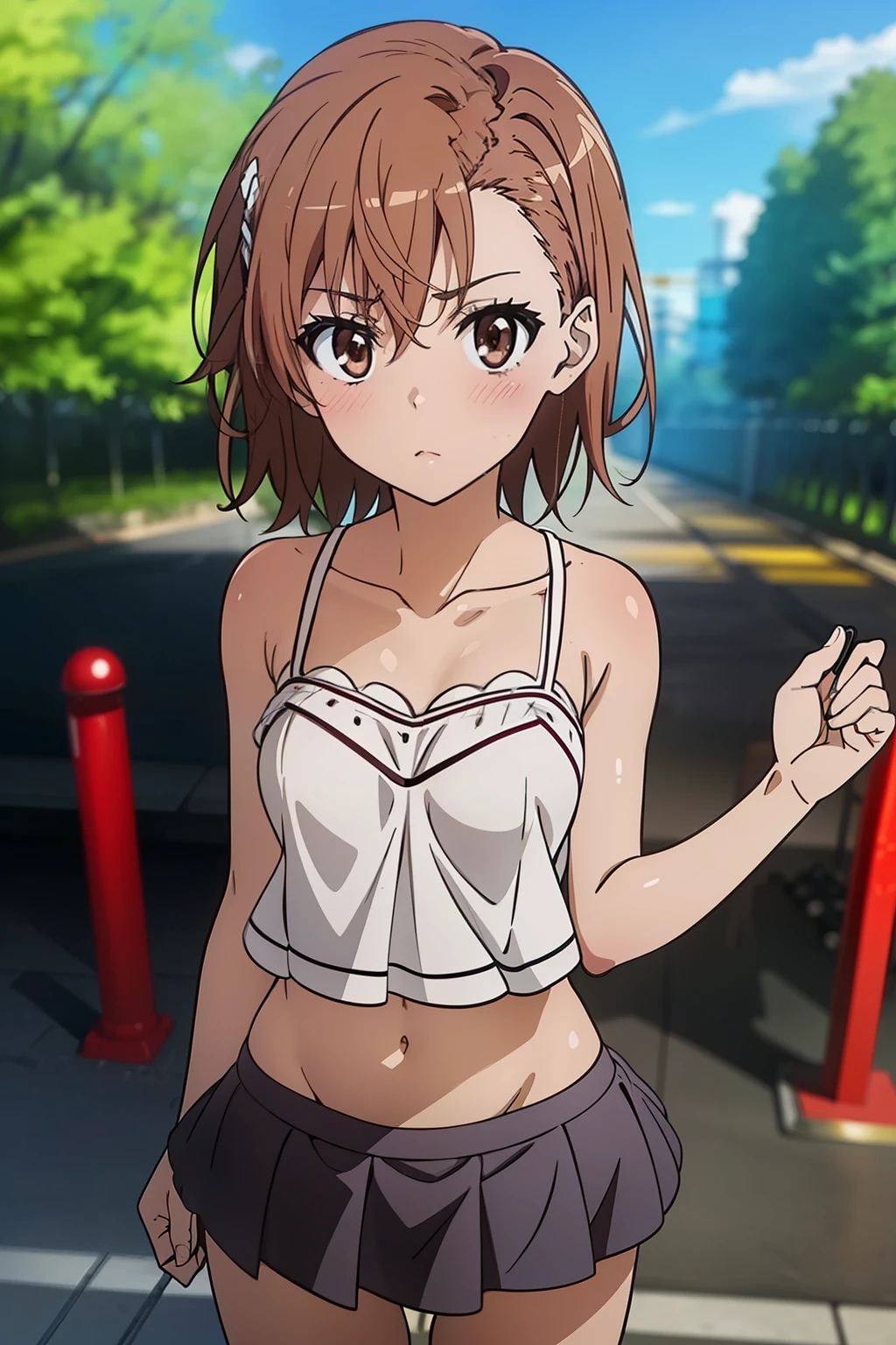 (masterpiece, best quality, high resolution, 8k:1.2), (anime coloring, official art:1.3), (((short stature))), perfect character design, highly detailed CG Unity 8K wallpaper, perfect face, perfect eye, perfect hair style, perfect body, beautiful body, beautiful skin, beautiful , beautiful legs, beautiful hands, perfect hands, beautiful finger, beautiful face, beautiful eyes, symmetrical eyes, slim body, (1 girl), (misaka mikoto, brown eyes), (small ), (brown hair, short hair, bangs, eyebrows visible through hair, hairpin), (nffsw, Camisole, collarbone, navel, mini skirt, blush), (station, ticket gate), looking at the viewer, in the center of the image, (upper body), dutch angle,