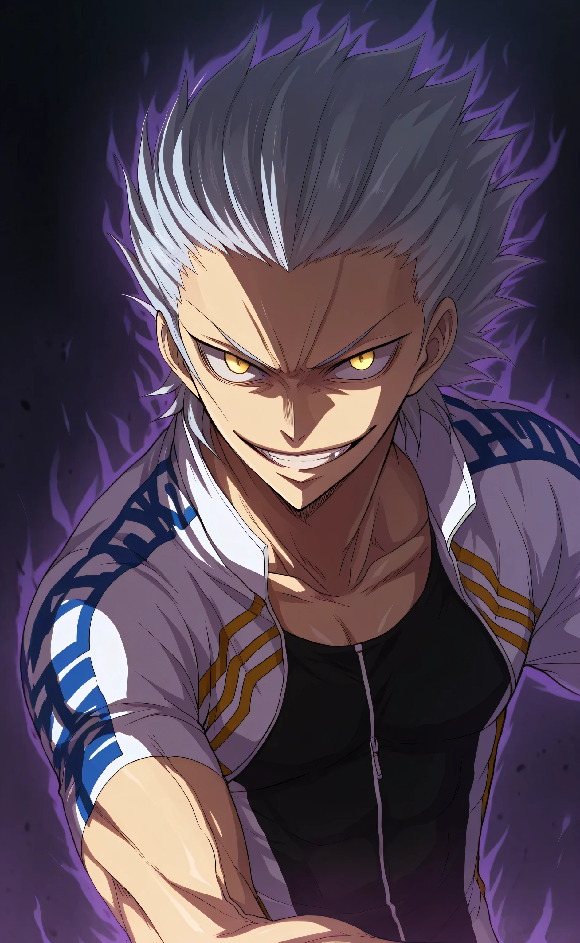 1male,solo,ryuga,short hair,silver hair,slicked-back hair,yellow eyes,evil grin,white bike jacket, black toptank,black short,muscle,Dark Aura,Yowamushi Pedal style,
