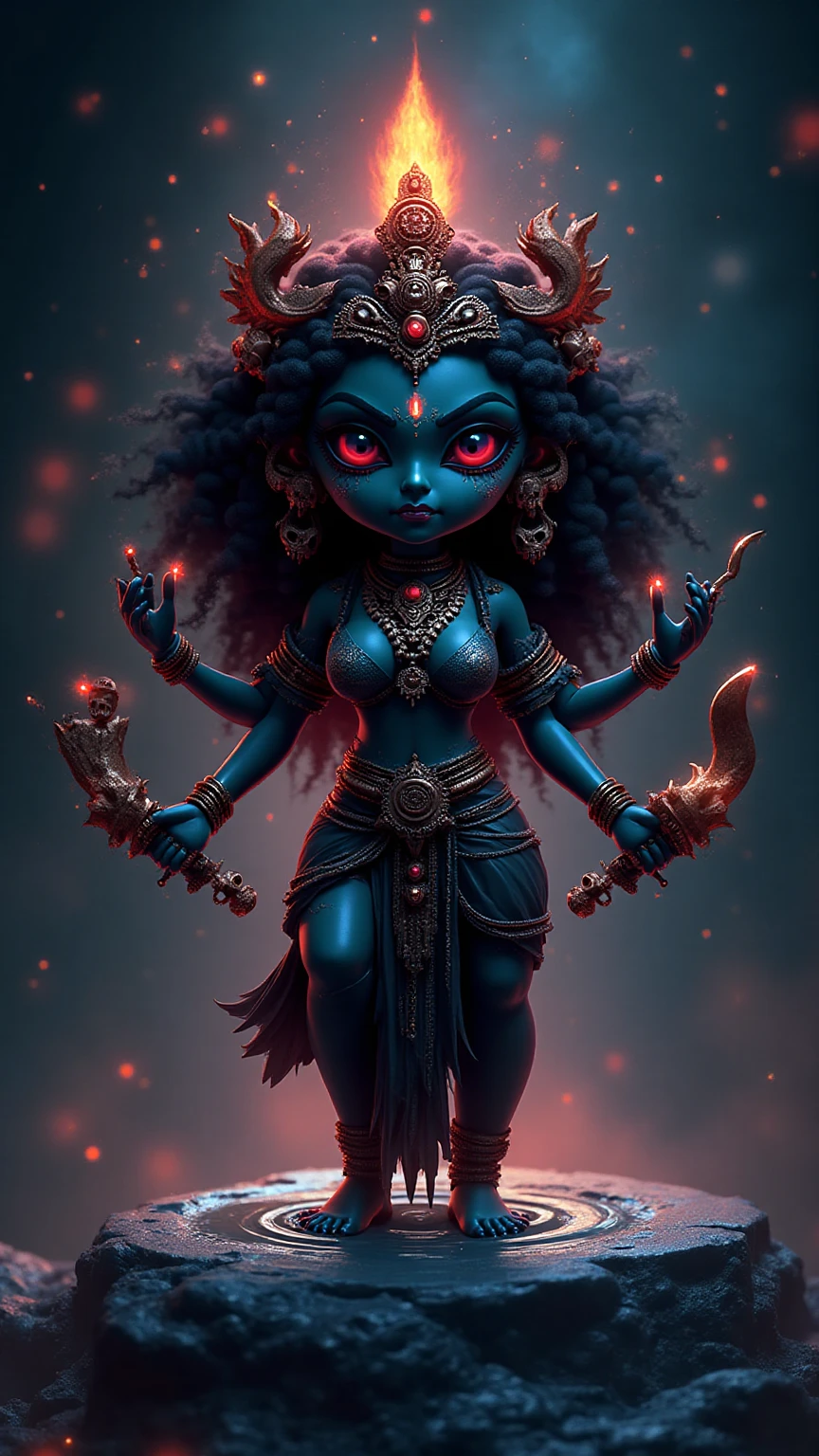 The goddess Kali as a statue made of amethyst shining and shimmering under the moonlight with fractal radiance.