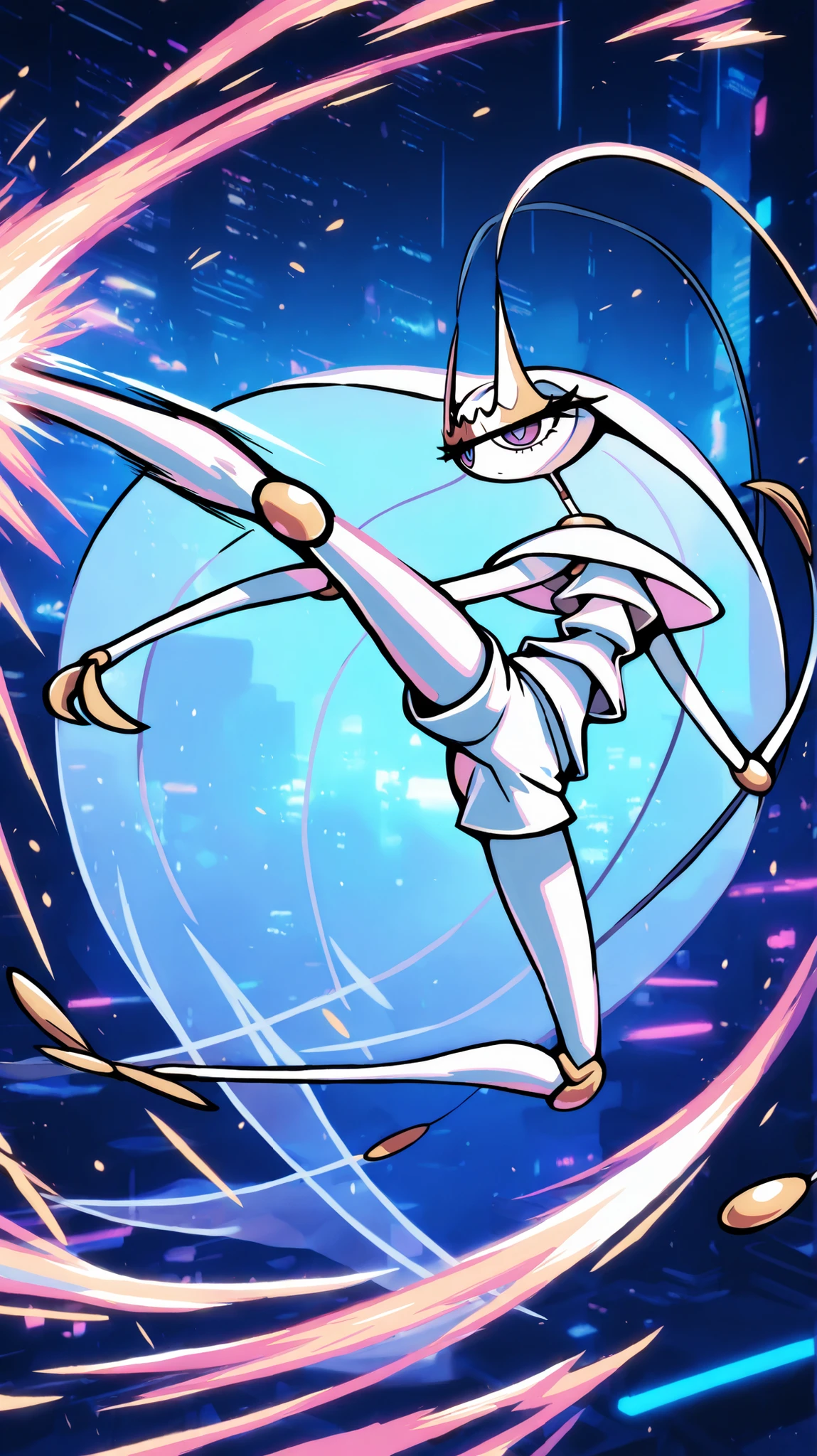 Pheromosa from Pokemon, White Body,Thin Waist, Very Thin Waist, Wasp Waist, Solo,vibrant colors, cel shading, Simplistic Art Style, solo,((round kick:1.3)),side view,(action:1.3),(acrobat:1.3),{cyberpunk background}