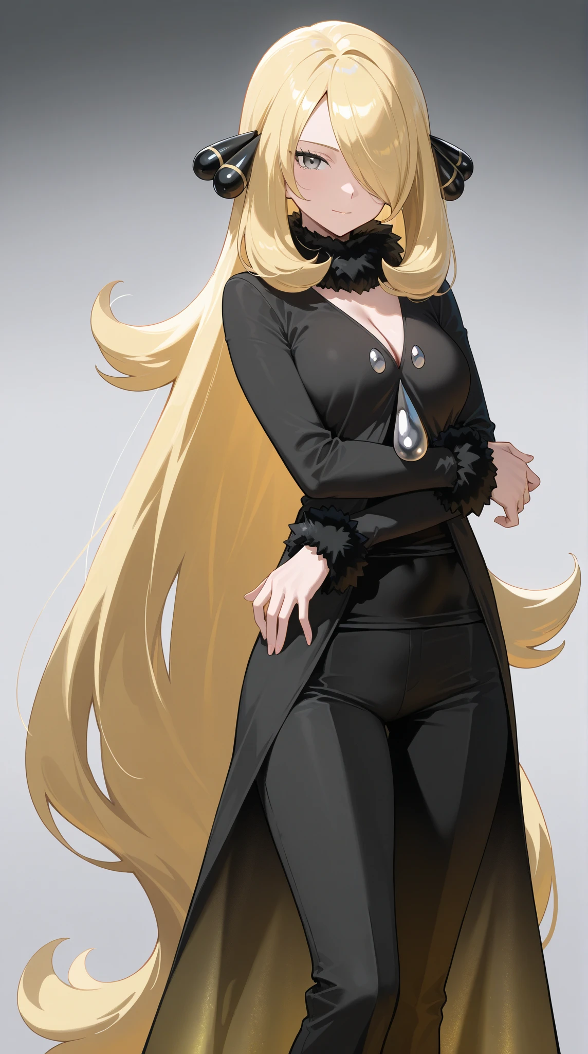 masterpiece, best quality, highly detailed, 1girl, solo, cynthia_pokemon,
one eye covered, hair over one eye, blonde hair, blue eyes, pink lips, hair ornament, fur collar, large breasts, fur-trimmed coat, seductive smile, long hair, grey eyes, black pants, black shirt, blush,
park, garden, grass, flowers, standing, arched back, head tilt, hand on hips,
<lora:cynthia_pokemon-08:0.9>
