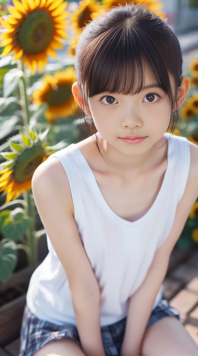 hight resolution、high-level image quality、in 8K、Real live-action、Raw photography、top-quality、​masterpiece、超A high resolution、Raw photo、ren、Beautiful fece、masutepiece、((Obscene content))、For adults、charm of 、absurderes、((((Japan elementary school students))))、Japan Girl、((8years old))、((with round face))、((Tanuki face))、((Cute little face))、(((((Shy look)))))、de pele branca、((chubby figure))、Juvenile physique、Smaller chest、kne、 thighs thighs thighs thighs、Anatomically correct、独奏、fullllbody、Very nice、(((Children's Clothing:1.0) ))、 ((Pubic area))、(Mansuji)、((White panty))、Are sleeping、（Photorealsitic：1.37）、Photon mapping、Realistic、Radio City、Physically Based Rendering、depth of field rally background、a picture、(((a junior idol in Japan)))、Sparkling eyes、shiny lip、too bright natural light、The Bright Sun、Too bright sunlight、(((((8years old)))))、(((Pubic area)))、(Mansuji)、Children's Clothing,　Children's Clothing、to stand、Open your legs、Open your crotch、Only one person,Alone, (((White tank top))),(Long white silk camisole)、(Slimed、small tit、flat boobs、small tit)、(((The background is a sunflower field)))、((a straw fedora hat))、Wear a white top,