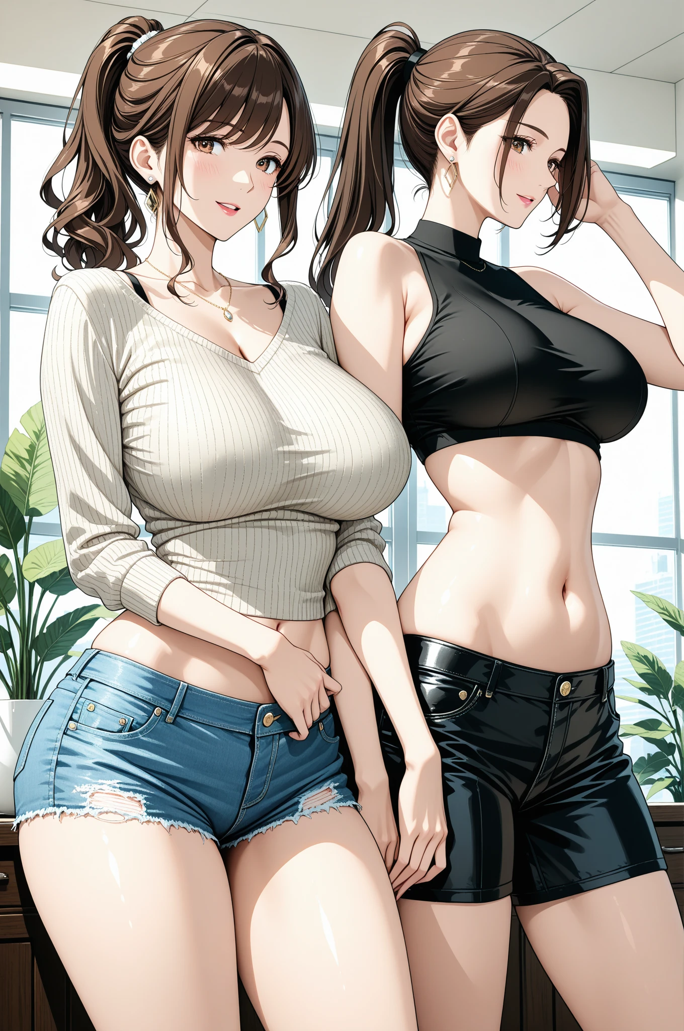 (Highest quality,High resolution,Pixel perfect,8K), (1 Girl:1.2), Beautiful woman,((Wavy mid-length hair, bangs, Brown Hair)), ((Brown eyes, Beautiful eyelashes, Realistic eyes)), ((Detailed face, blush:1.2)), ((Smooth texture:0.75, Realistic texture:0.65, Realistic:1.1, Anime CG Style)), Slender body, Medium Chest, Perfect body, (Earrings,necklace,Sleeveless turtleneck sweater,mini skirt, ((Skirt flip)), A shy smile, ((Her lacy panties are visible:1.1), (Multiple Views,Two views), (The sexy, beautiful girl next door:1.2), Inviting expression