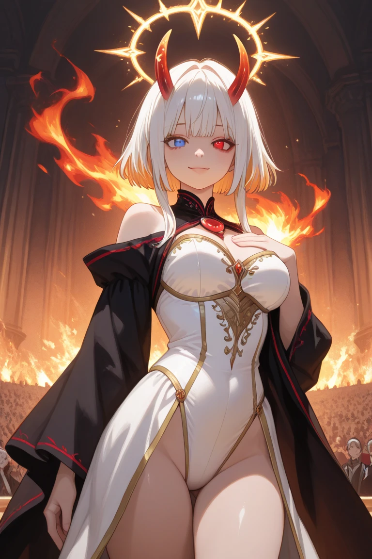 fullbody, 1girl, sexy, vampire, medium breast, short white hair, malefic, red cape, in hell on fire background, fire everywhere, burn, flames