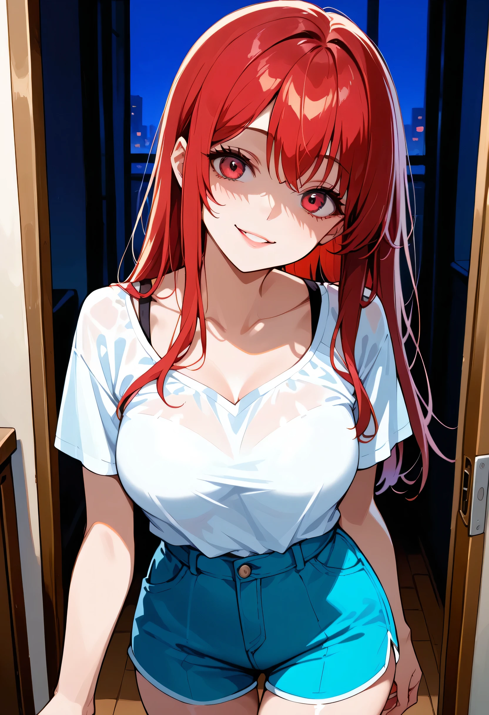 red hair,long hair,medium breasts,medium ass,casual clothing,yandere,yandere,(shaded face:0.7),(empty eyes:0.7),head tilt,looking at pov