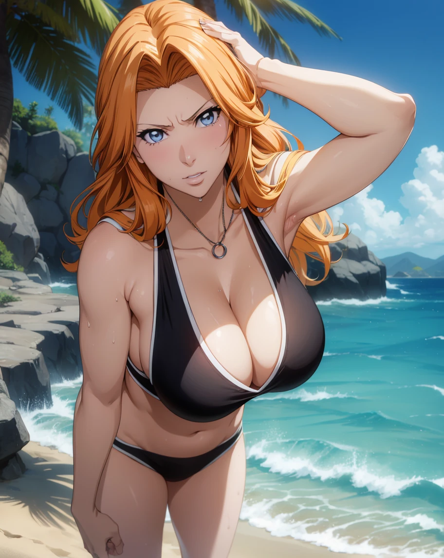 ((Master quality, 8K, masterpiece:1.3, ultra-detailed, high resolution, RAW Photos, detailed Realistic background, cinematic lighting)), Actual, Realistic, photo, HDR, BREAK, detailed eyes, perfect anatomy, perfect hands, BREAK, One person alone, Matsumoto Rangiku, (Sitting on a Sun_lounger and posing sexy), Licking a popsicle, Grey Eyes, Honey Hair, Long Orange hair, Adult beautiful woman, huge Breasts, Cleavage, Slim waist, smile:1.5, Sweat-soaked skin, (Oily skin, Glowing Skin, Shiny skin, Professional Lighting), Silver Chain, ( Slingshot swimsuit, ), Graffiti art, (, Random Angle, full-body, ), BREAK, Beach_parasol, Beach cocktails on a round table, dynamic angle, outdoor, beach
