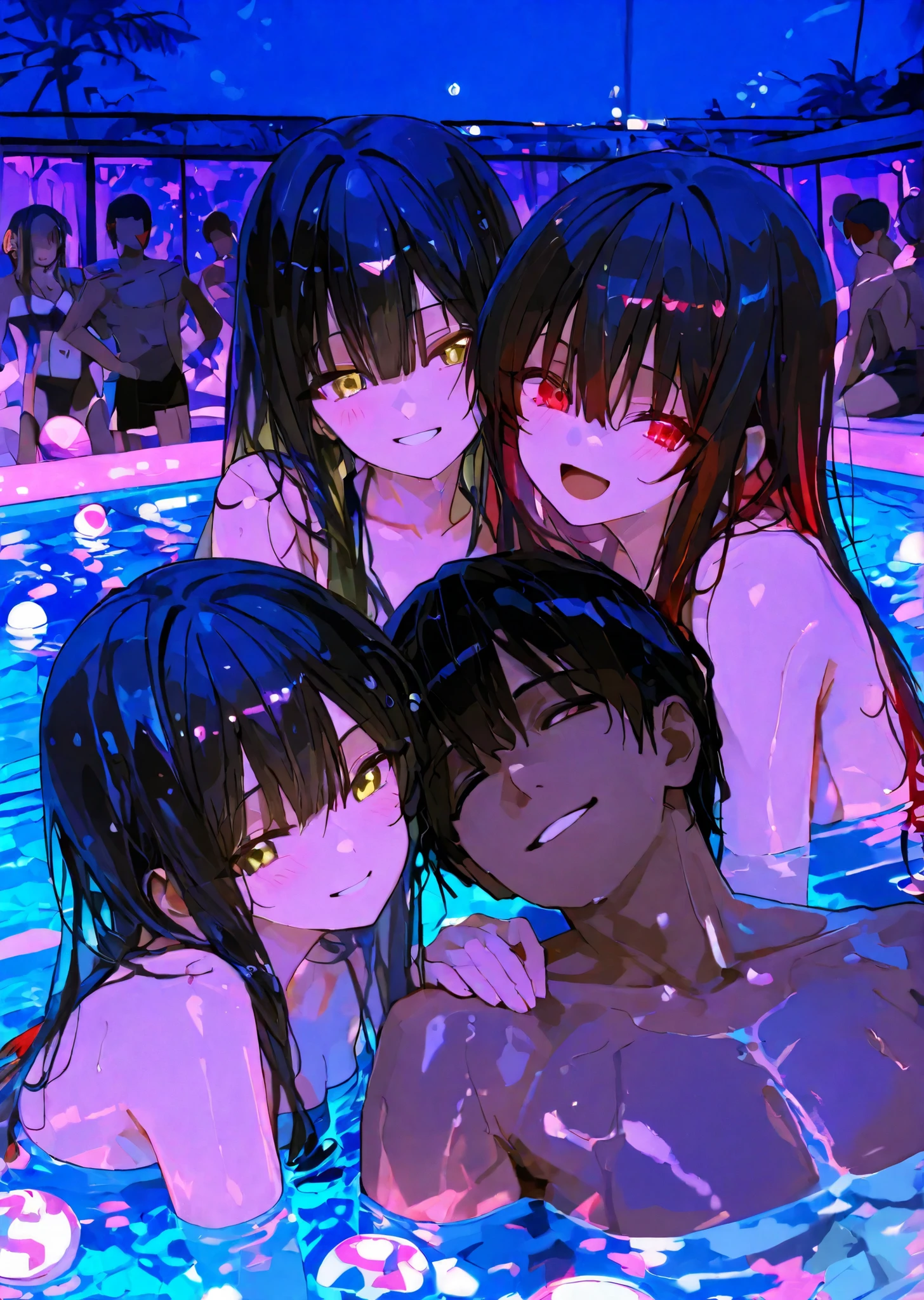 multiple innocent sexy, group teen,, night pool, holy girls, surrounded by multiple japanese man, smiling, naked