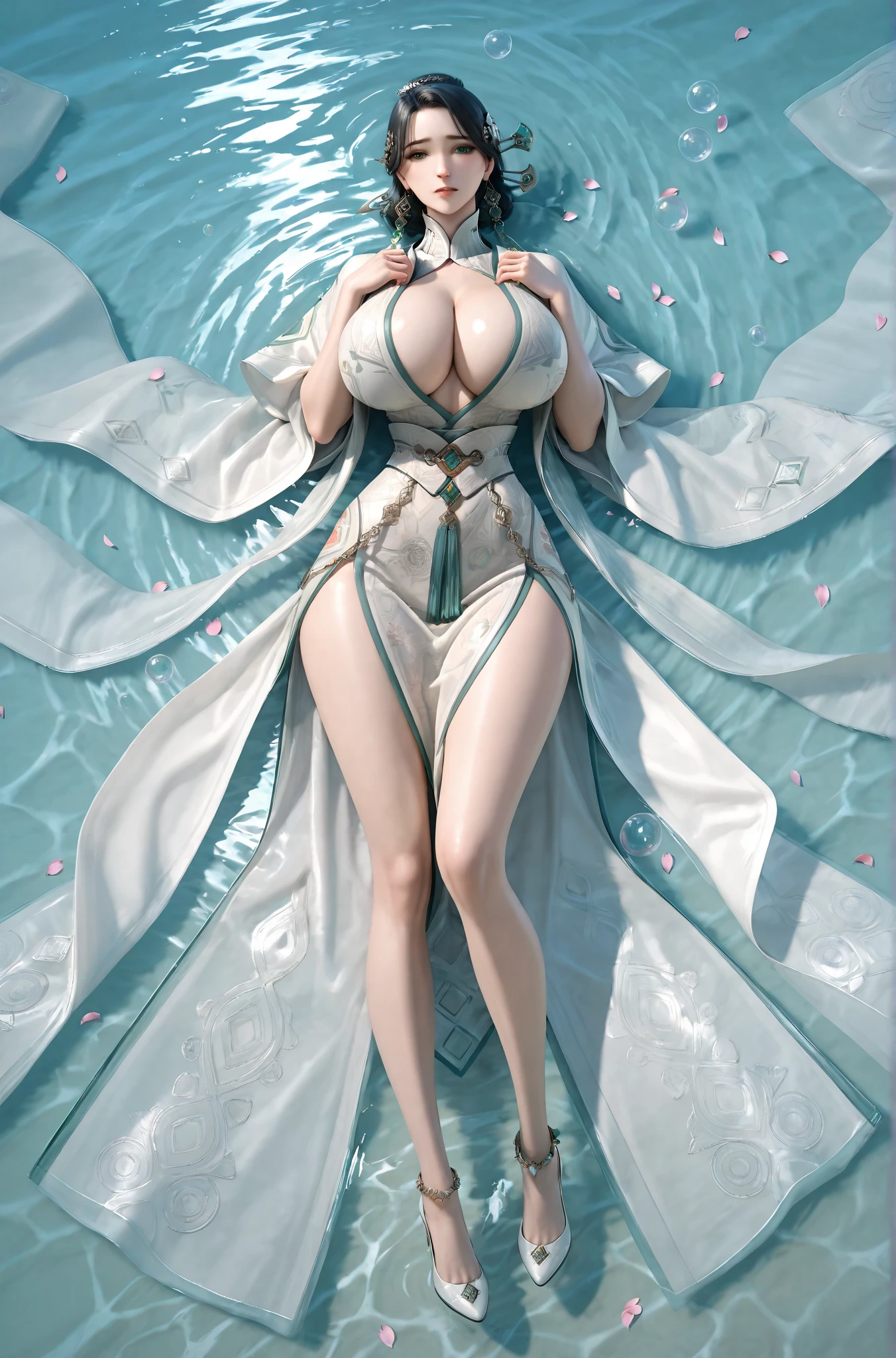 From above,overhead shot,hot spring,(Liar),(behind),1 girl,(super dense skin),winding,small,beautiful breasts,(big breasts),white skin,pointed chest,erect nipples,(fantasy art,best image quality,surreal肖像画,(8K),surreal,最high quality, high quality, High resolution, high quality texture,high detail,beautiful details,Detailed,Very detailed CG,Detailedテクスチャー,realistic expression of face,masterpiece,sense of presence,dynamic,bold),short hair,(super thin hair),(super soft hair),(ultra straight hair:1.5),long flowing bangs,extra light coppery amber hair,hair above one eye,dressed,baggy t-shirt,swimsuit