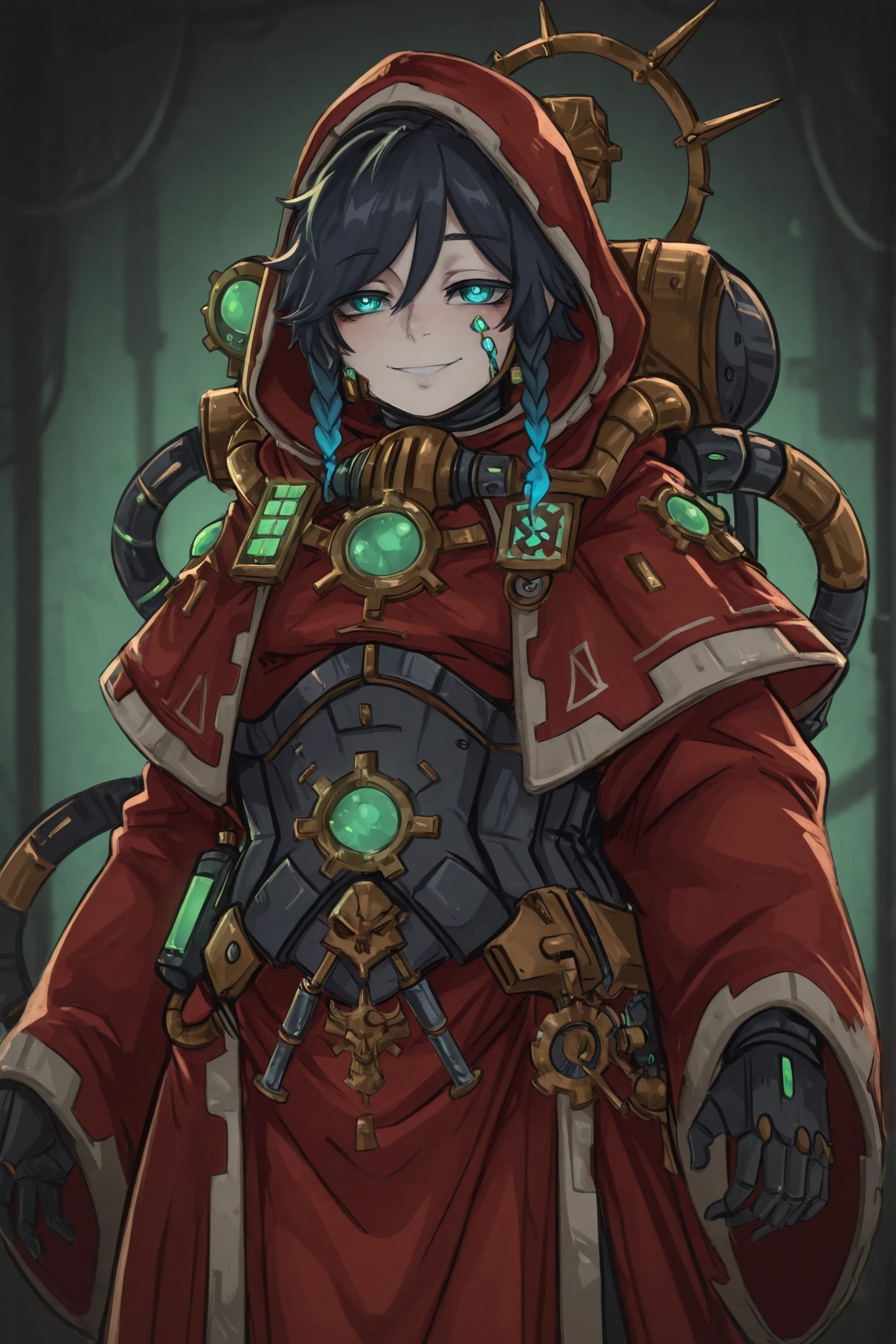 Drunkr3mbr4ncer, kurenaiz, masterpiece, best quality, amazing quality, very aesthetic, high resolution, ultra-detailed, newest, warhammer 40k, 1boy, male focus, venti_\(genshin_impact\), solo, Adeptus Mechanicus, black hair, red mechanicus robes, glowing green bionic eye implant, human body with metallic implants, white synthetic body skin parts, sweet smile, Mechanicus backpack, partial cybernetic enhancements, gothic industrial setting, technical details, brass and copper accents, dark atmosphere, mechanical parts integration BREAK,