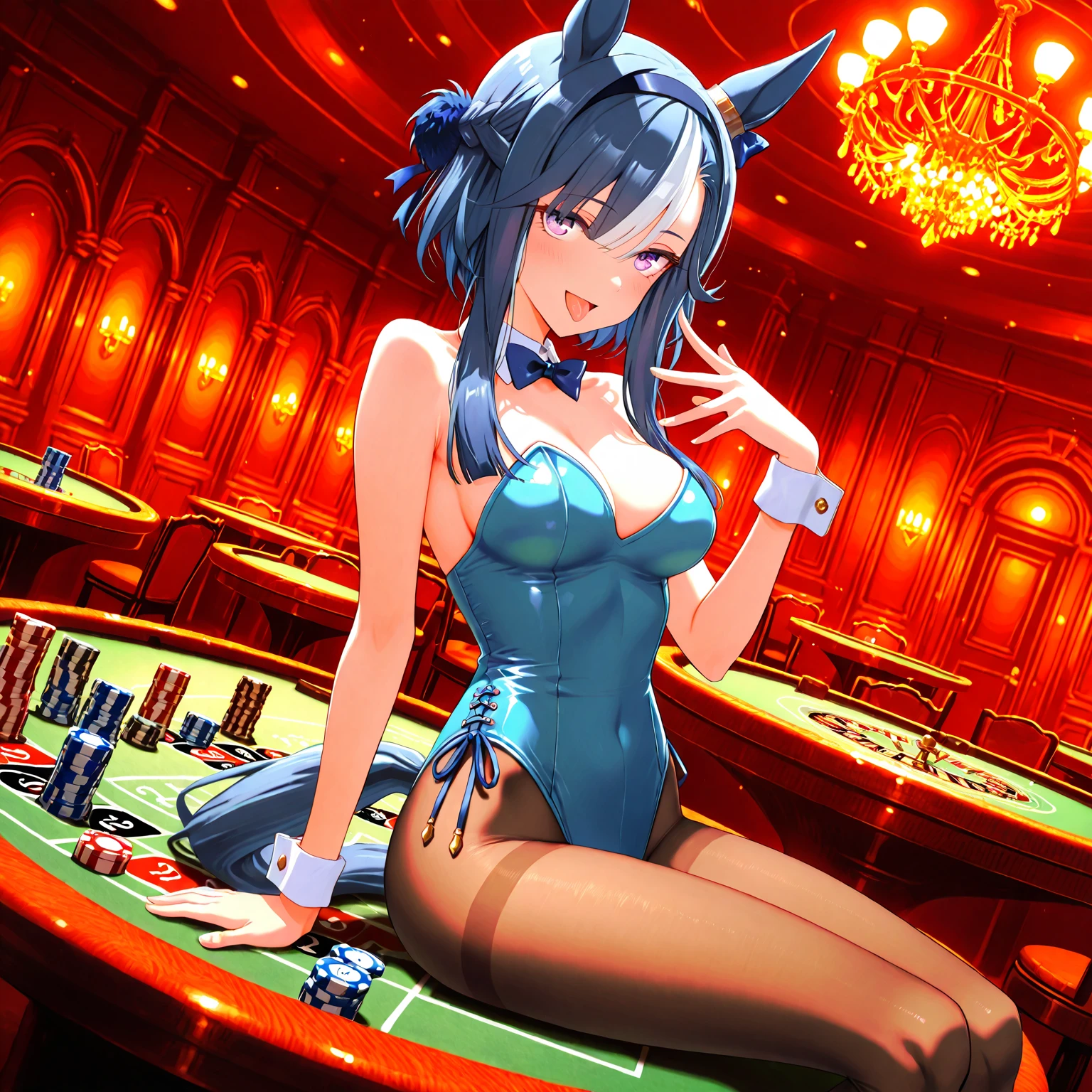 (masterpiece:1.2, best quality:1.1, highres,absurdres, high quality),(photorealistic:1.1),reflected light, colorful,ultra-detailed,8k, ultra hd, super detailed,casino ,
Yumeko Jabami,black hair,white shirt,red jacket,long hair,red eyes,black pantyhose,miniskirt, full-face blush, <lora:Yumeko JabamiV_20240121074143:0.6>,looking at viewer, sitting, furry, (cat, animal ears, tail, bodyfur),spread legs,