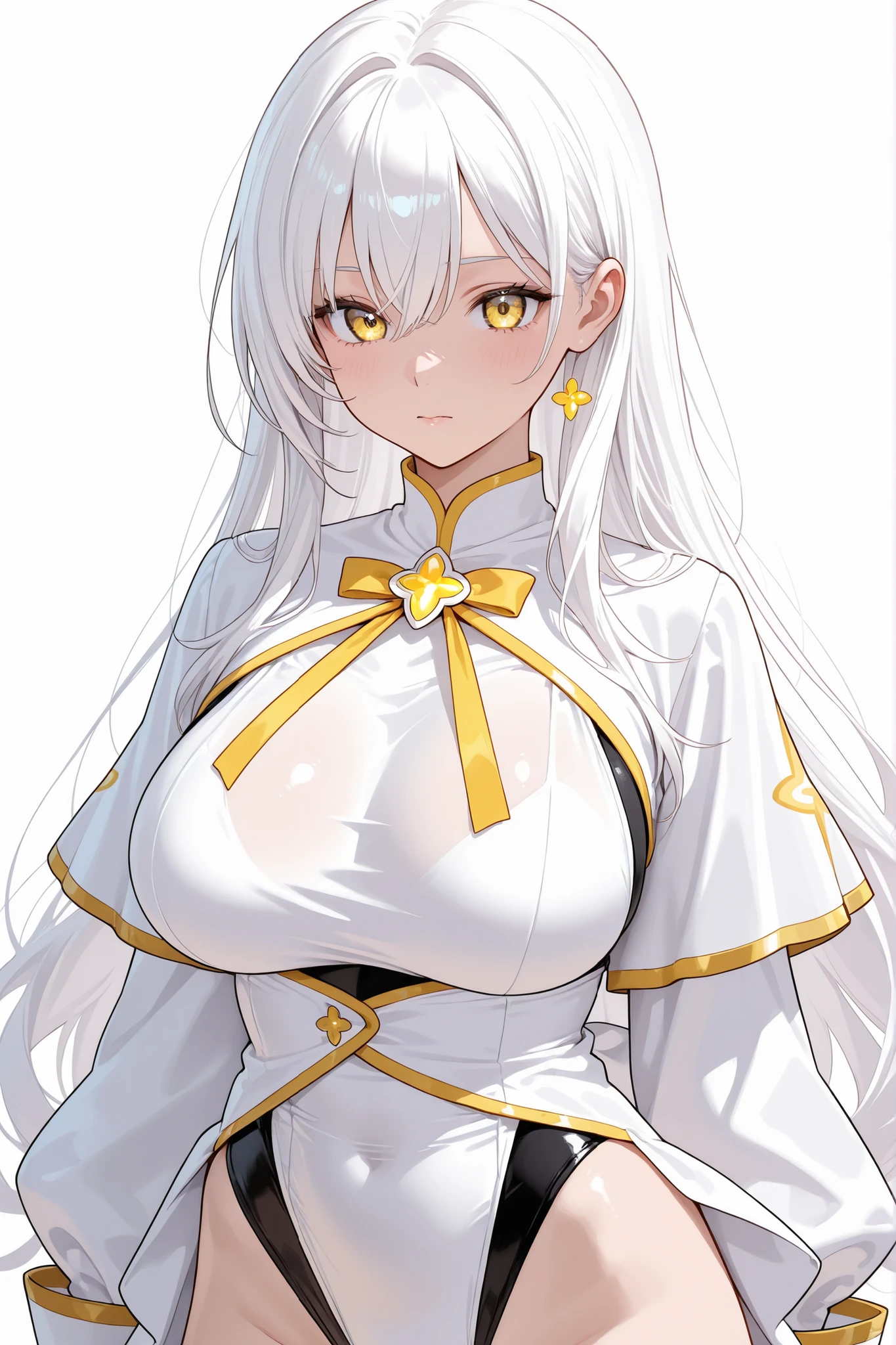 1girl, large breasts, magical girl, long white hair, yellow eyes, leotard under clothes, white outfit, white background