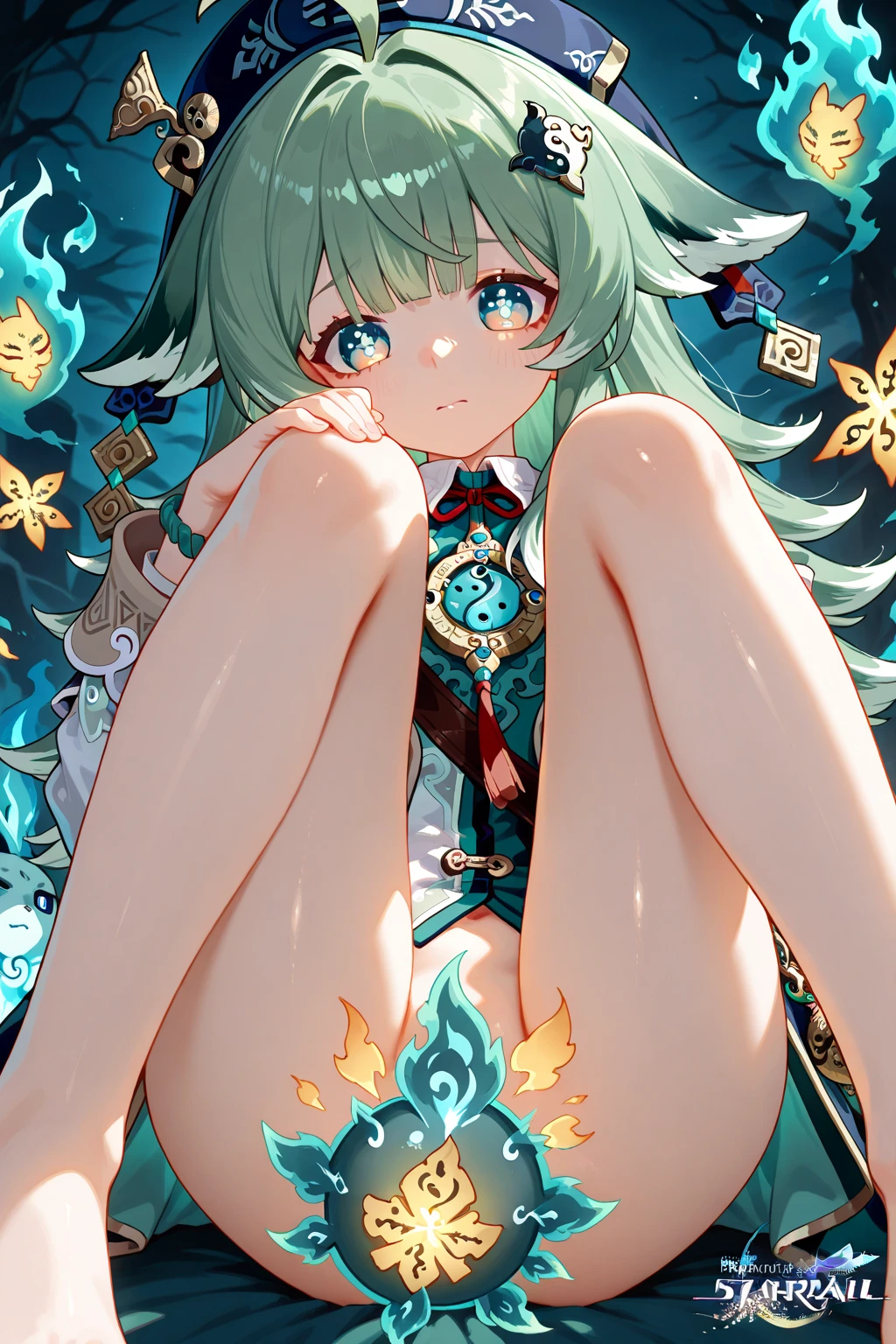 10 year old girl, elf,agedown, flat chest, navy blue hair 