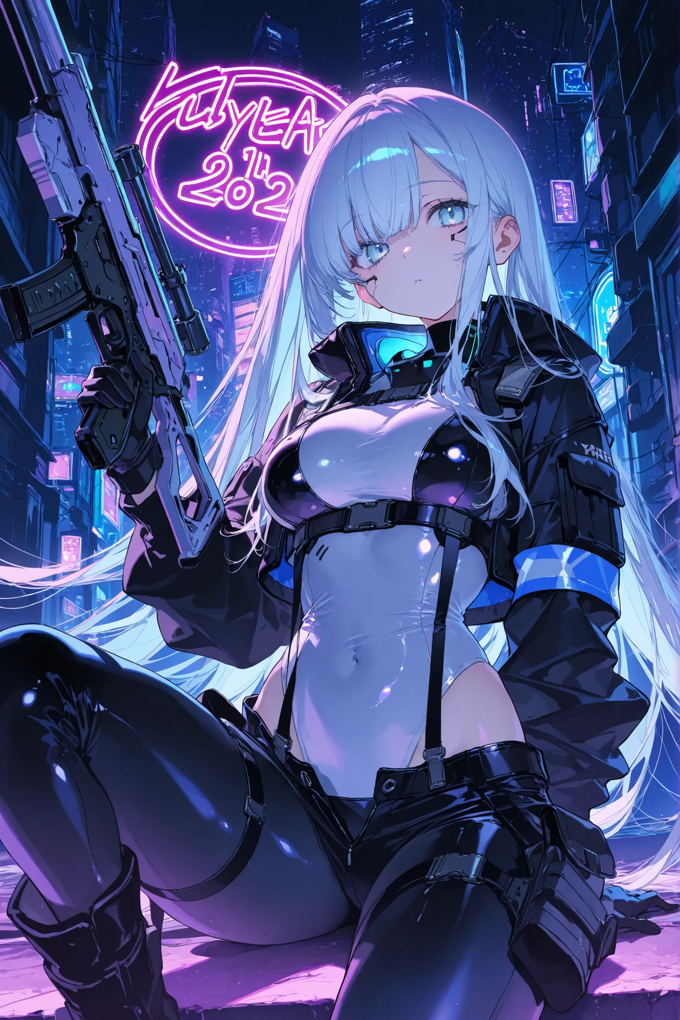 NSFW poster,dramatic scene,Cinematic scene,Takashi Murakami,Pop Culture Art,Manga,Female Nsfw Cyborg,Long jacket,SM Queen,Mechanical designed arma,Erotic,sadistic queen,sniper,Erotic Posing,fantrome,,kawaii,Stylish,,busty, Pubic hair,Glamour,pop of color,Psychedelic Costume,Dynamic Angle,Cinematic scene,Armored,Cyberpunk dystopian girl,Fantastic dystopia,Dystopian landscape,bladerunner,Ghost in the Shell,Photorealistic,Psychedelic and colorful tones,Posing,armaを構えて,guns,arma,masutepiece,ultimate detailed,8K,Detailed background