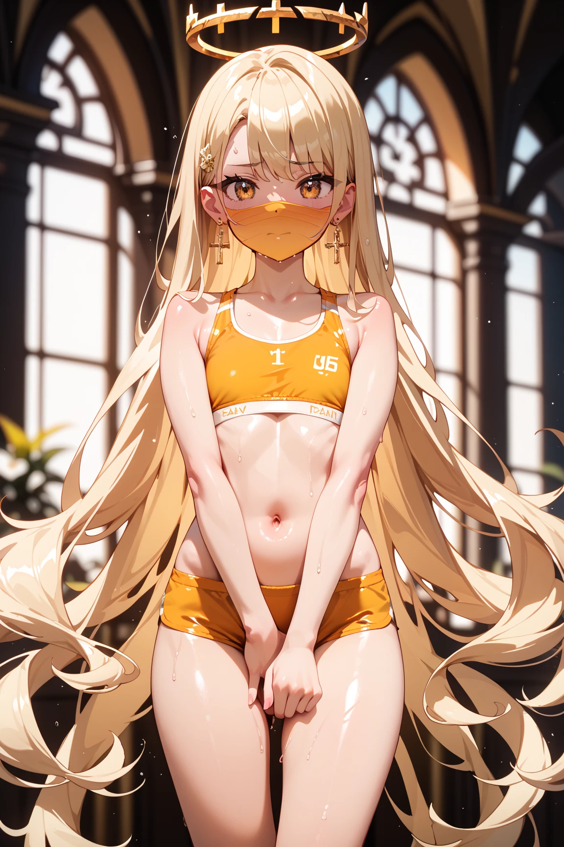 ((masterpiece,best quality anime,Highest quality:1.3)),realistic,cowboy shot,1woman,独奏,(2 beauty),((very small head:1.4)),((very long body:1.4)),blonde hair,straight long hair,gorgeous big eyes,Blue eyes,pain、tears,((tan skin:1.3)),((slender body:1.4,skinny)),(Injury、mole:1.3)((Yellow leotard))、clavicle、shoulder, (white_thighhighs),medium breasts,gleaming skin,shiny skin,oily skin:1.3,sweat:1.5,(kneeling),arms up,Black sneakers、Underground prison、Concrete wall、