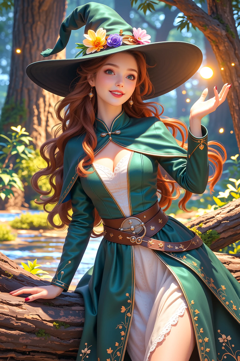 1girl, solo, female mage, dragon quest 3, green dress, strapless dress, black witch hat, brown cape, brown gloves, short hair, red hair, straight hair, medium breasts, sexy, masterpiece quality, intricate detail, 4k resolution, ultra hd