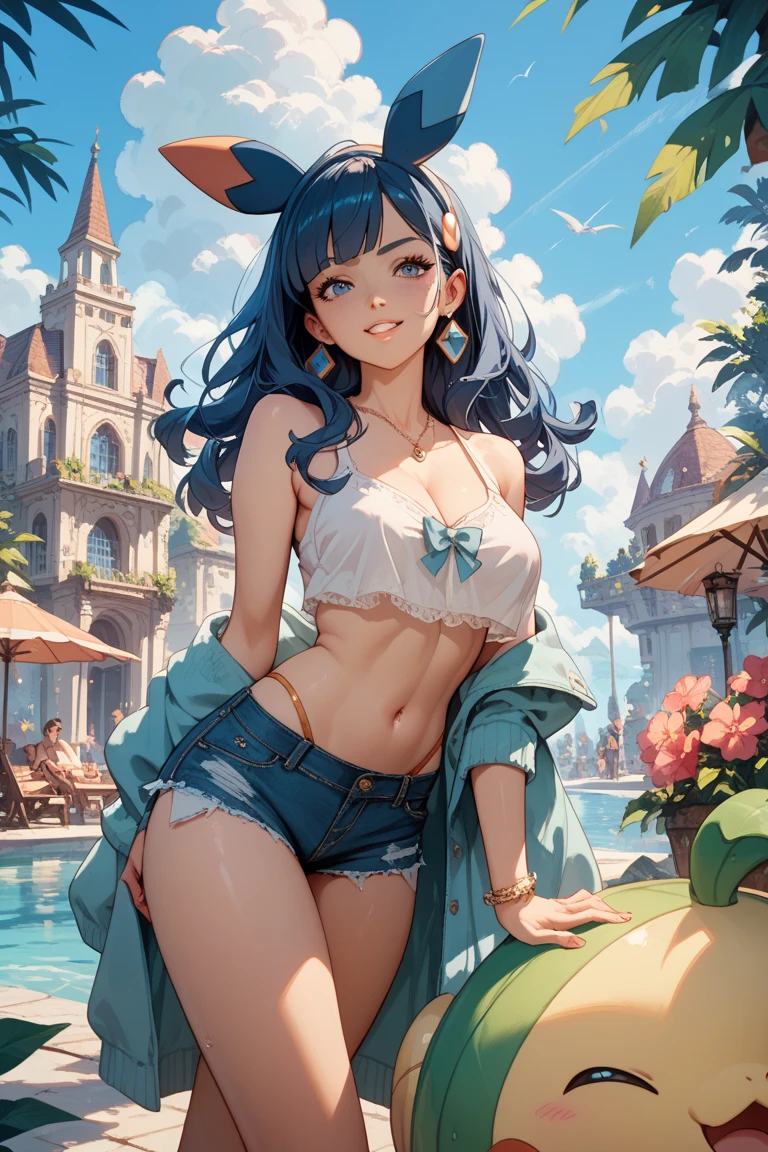 score_9, score_8_up, score_8_up, rating_safe, 4RCH0N, Expressiveh, ear piercings, cliff background, laying on stomach, panties showing, looking at viewer, shiny skin,mona_(genshin_impact), genshin_impact, 1girl, black_hair, green_eyes, stockings, sundress, straw_hat, sandals, sunflowers