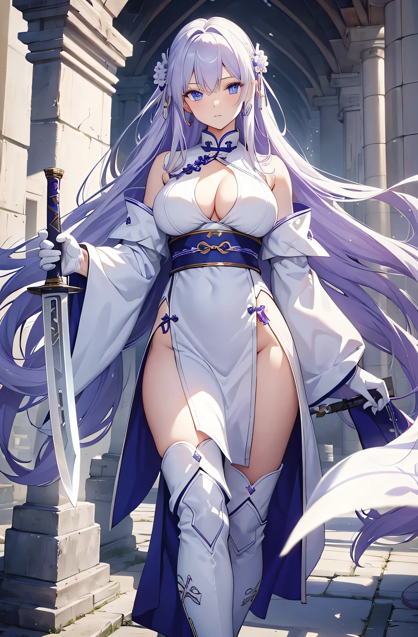 A D&D Elf with white hair, purple eyes, in plate-mail armor, extremely large tits, full body pose, holding a glaive