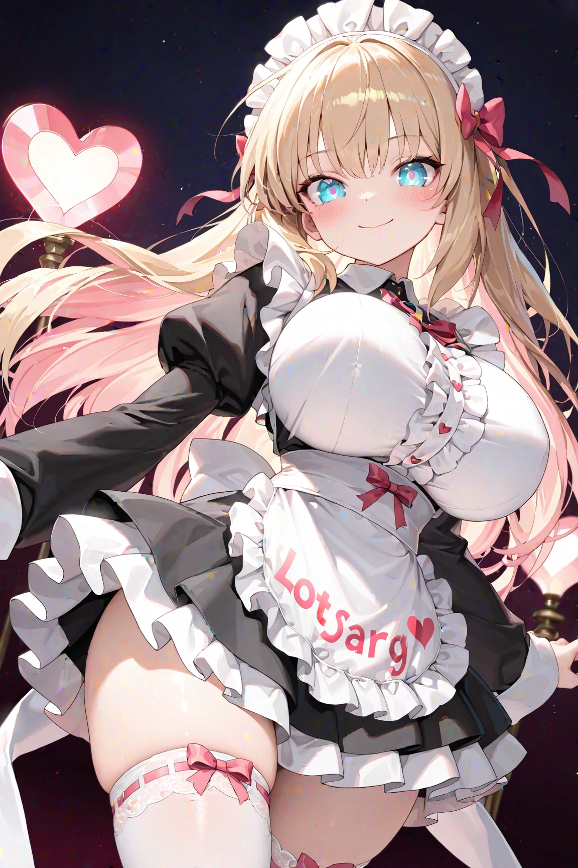 masterpiece, best quality, 1girl,blonde hair,Sui, (finely detailed heart shaped pupils and detailed face),,cowbody shot,lovestruck,extremely detailed CG unity 8k wallpaper,solo,(latex maid costume:0.9),glamour body,seductive smile