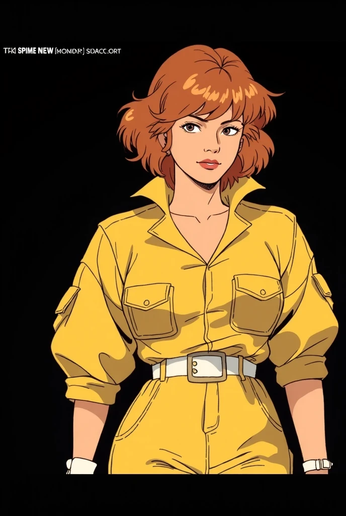 score_9,score_8_up,score_7_up, sourse_cartoon, retro artstyle, April80,1girl,short hair,black eyes,brown hair,cleavage,belt,white belt,wristwatch,jumpsuit,crossed arms, smilling,