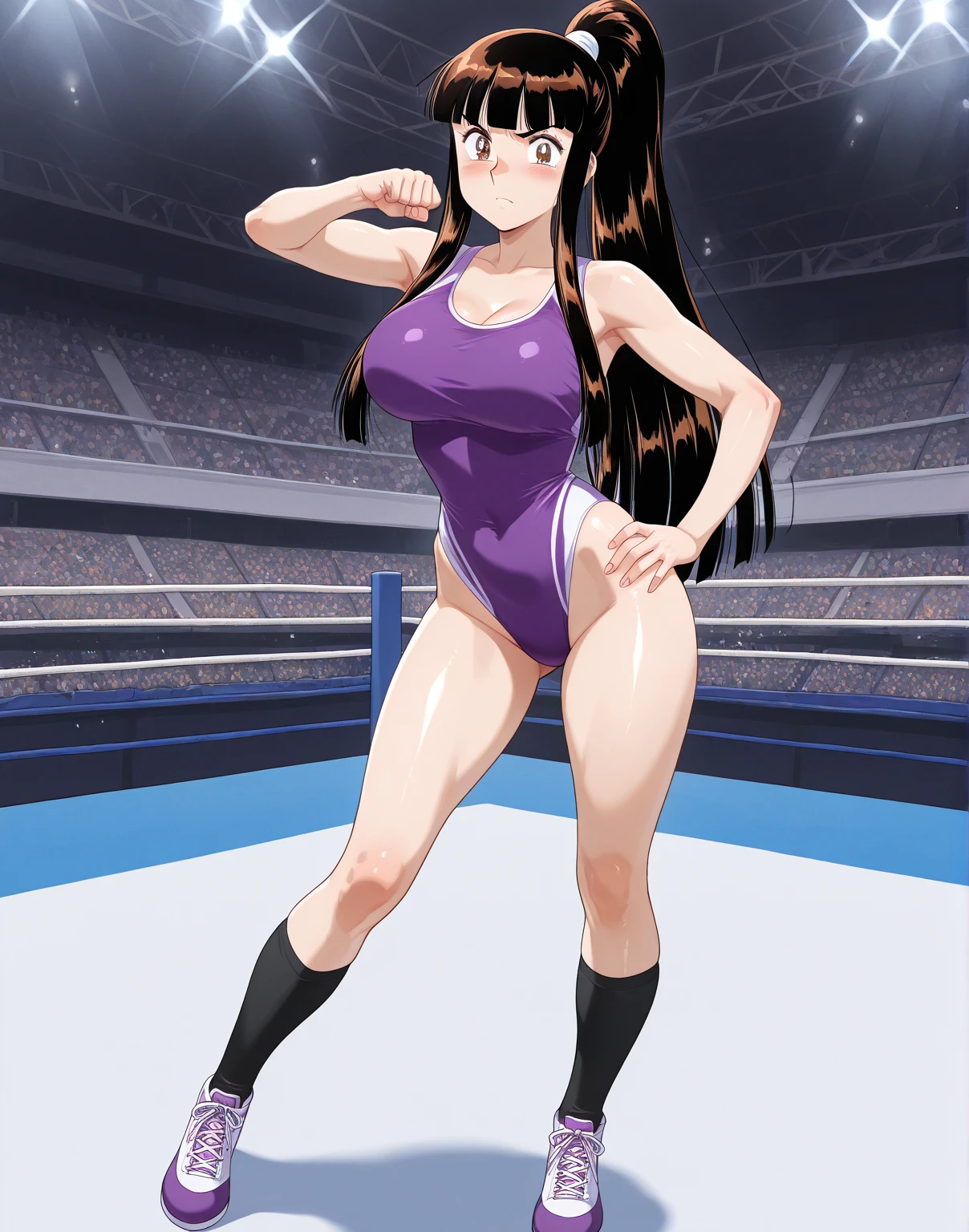 masutepiece, Best Quality, Game CG, 1girl in, Solo, Looking at Viewer, , depth of fields, , Realistic,,Stand in the ring of professional wrestling,White and pink one-piece swimsuit,Idol,Black hair straight long hair