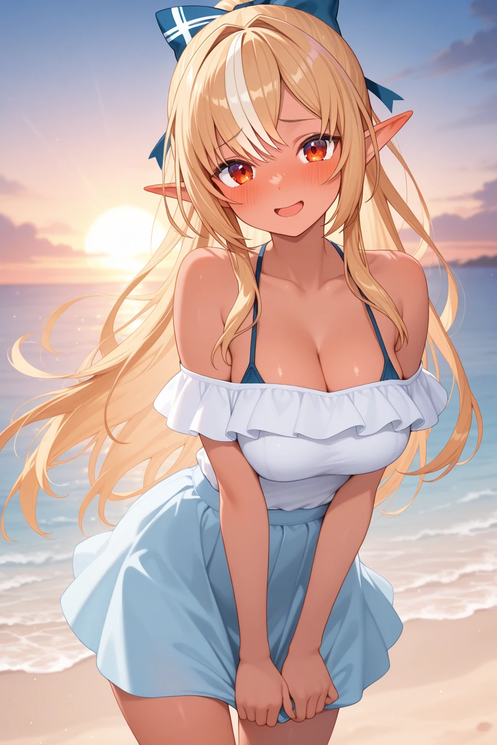 ultra - detailed, Best quality at best, A high resolution, ((1 plump girl)), looking at viewert, pale-skinned, small, (Blonde hair), (Long hair details), (ahoge:1.3), pointy ears, (face flushed:1.2), eBlue eyes, mediuml breasts, Happy smile, NSFW, taking a shower, put my hand on my chin,, Steaming