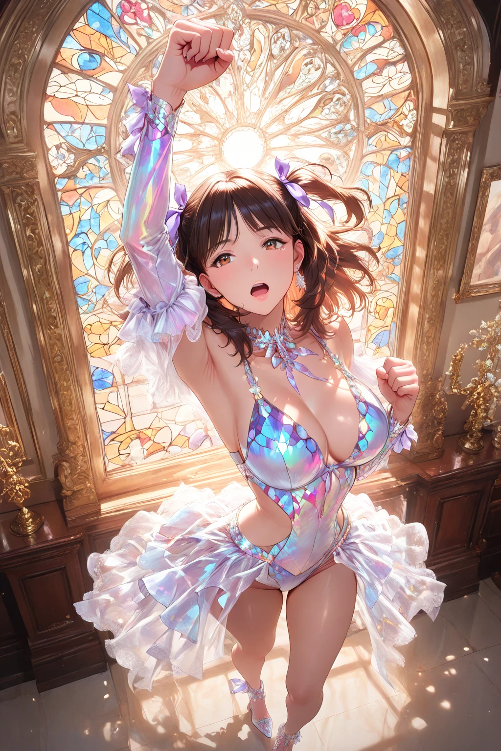 Absurd, Super detailedな,(In 8K:1.3),Masseter muscle area,(masterpiece:1.2)、(highest quality)、4k、Super detailed、(Movement Structure:1.4)、(Shining Lights、Atmosphere lighting), High resolution, Best Quality、(One girl:1.4),Super detailedな,Bright colors、Treebreak Production Art、(Warm color light source:1.2),High-level image quality、Fine image quality、Intricate details,Volumetric Lighting,Realism BREAK、Profile、 Idol face、15 years old、Very beautiful face and eyes, Beautiful images、 natural make up、big eyes、 (Big Tits:1.5)、(Breast bags:1.4), (glossy skin :1.5)、(silver hair,chignon:1.2), (orgasm face:1.2)、 (Delicate and detailed、Snow White、bra, lowleg panties, lowleg:1.5)、 Plump thighs、 (kaleidoscope:1.5) 、 (Baby Face:1.4)、 Beautiful armpits、 arms up behind、 overhead shot