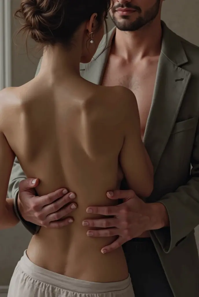 A man inserts his finger into the buttocks of a naked veiled girl
