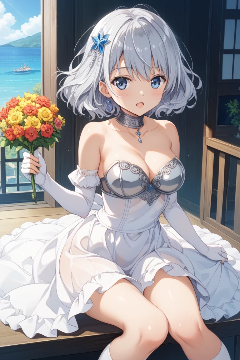 1girls, large breasts,light smile,  <lora:VenetoSwimsuitV1[venetoswimsuit]:0.8>,(wedding dress:1.3),outdoors,garden,blush,cleavage,