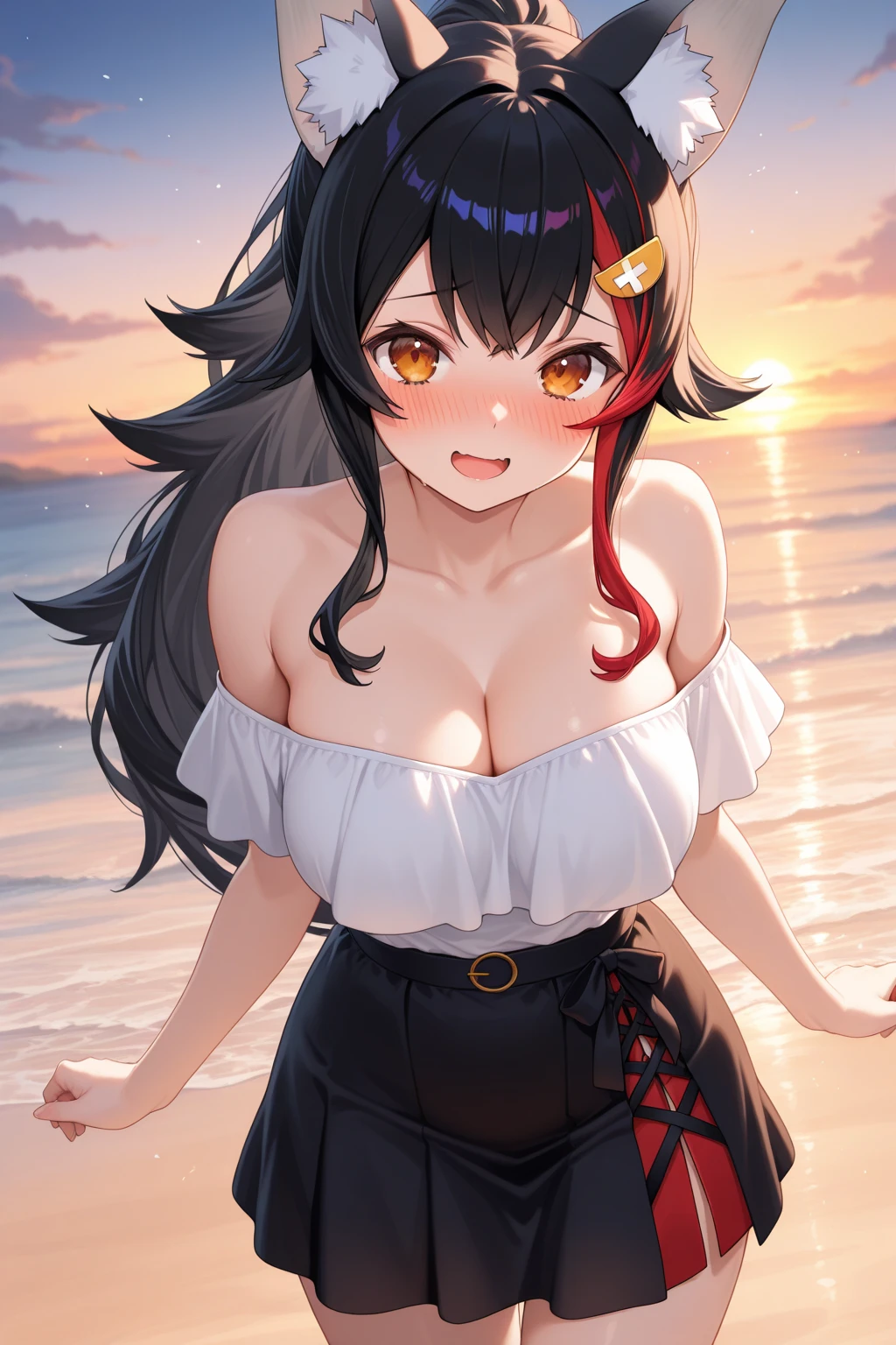 yuukikonno, Yuki Konno, long hair, hair band, pointed ears, purple hair, smile, blush,(red eyes:1.5), (medium breasts:1.2), open your mouth, purple sleeveless hoodie, wearing a hood, bare arms, barefoot, Cute Sandals, Midsummer, Palm tree, daytime, Light of the sun, walking on the sandy beach, 壊す looking at viewer, Upper body, whole body, break outdoors, coastal street, destroy the beach (masterpiece:1.2), highest quality, High resolution, unity 8k wallpaper, (figure:0.8), (detailed and beautiful eyes:1.6), highly detailed face, perfect lighting, Very detailed CG, (perfect hands, perfect anatomy), 1girl, 18 year old female, anime style, ultra realistic, high detail, sexy pose, sexy, beautiful, exposed skin, slender, skinny, bare breast, exposed breast, breast, nipples, nude, nudity, absurdres, high res, ultrasharp, 8K, UHD, retina, masterpiece, accurate, anatomically correct, perfect anatomy, textured skin, super detail, high details, high quality, award winning, best quality, high res, looking at viewer, detailed eyes, four fingers and one thumb per hand, perfect hands, perfect finger, two arms only, no clothes, revealing