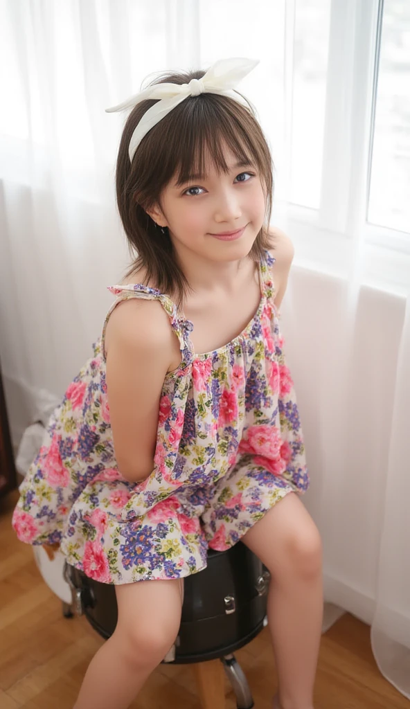 Japanese,10 years old,Innocent face,Teenage Girl,cute,Wearing a dress,Summer clothes,Sitting