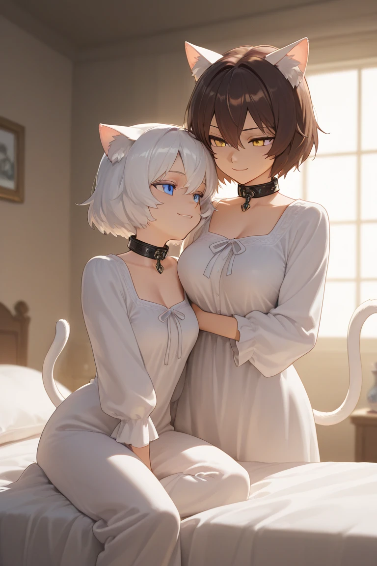 adult anime girl, white hair pigtails, ribbons, blushing, blue eyes, white cat ears, 8k, high res, 1 girl, good lighting, fine detail, bed rob, glasses, (masterpiece), perfect face, best quality, looking at view, flowers, petals, full body thick, sitting on bed