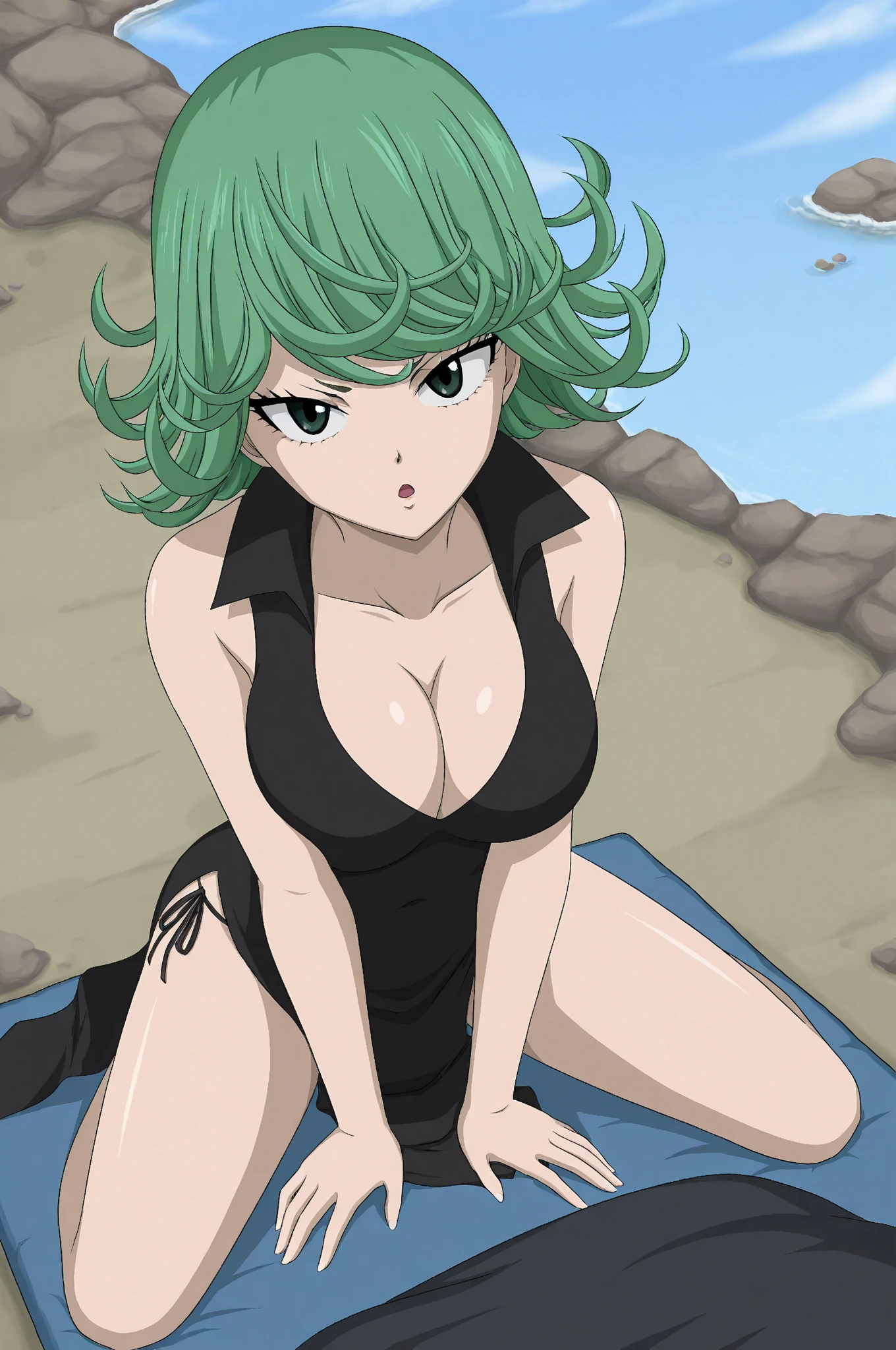 Best quality, masterpiece, ultra high res, 1girl, sexy, in the dark, deep shadow, low key, cold light, milf, green short hair, dynamic light, cinematic lighting, cinematic lighting, down blouse, mature woman, middle parted hair, bikini, natural breast, upper body, milf, samui, simple smile, armpits visible, detailed armpits, sweaty armpits