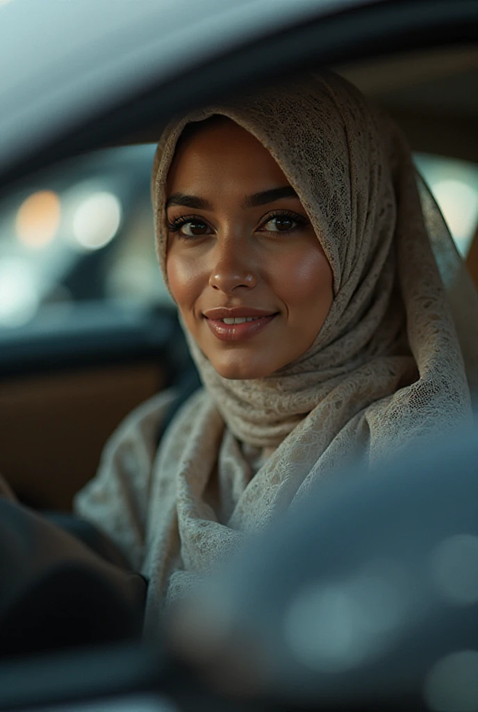 Woman in pink hijab in car with plump lips and big eyes looking at camera while camera is inside car